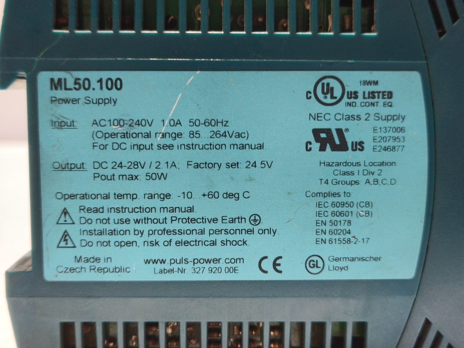 Puls ML50.100 Power Supply 50W 100-240Vac 1.0A, 24-28Vdc (FREE SHIPPING)