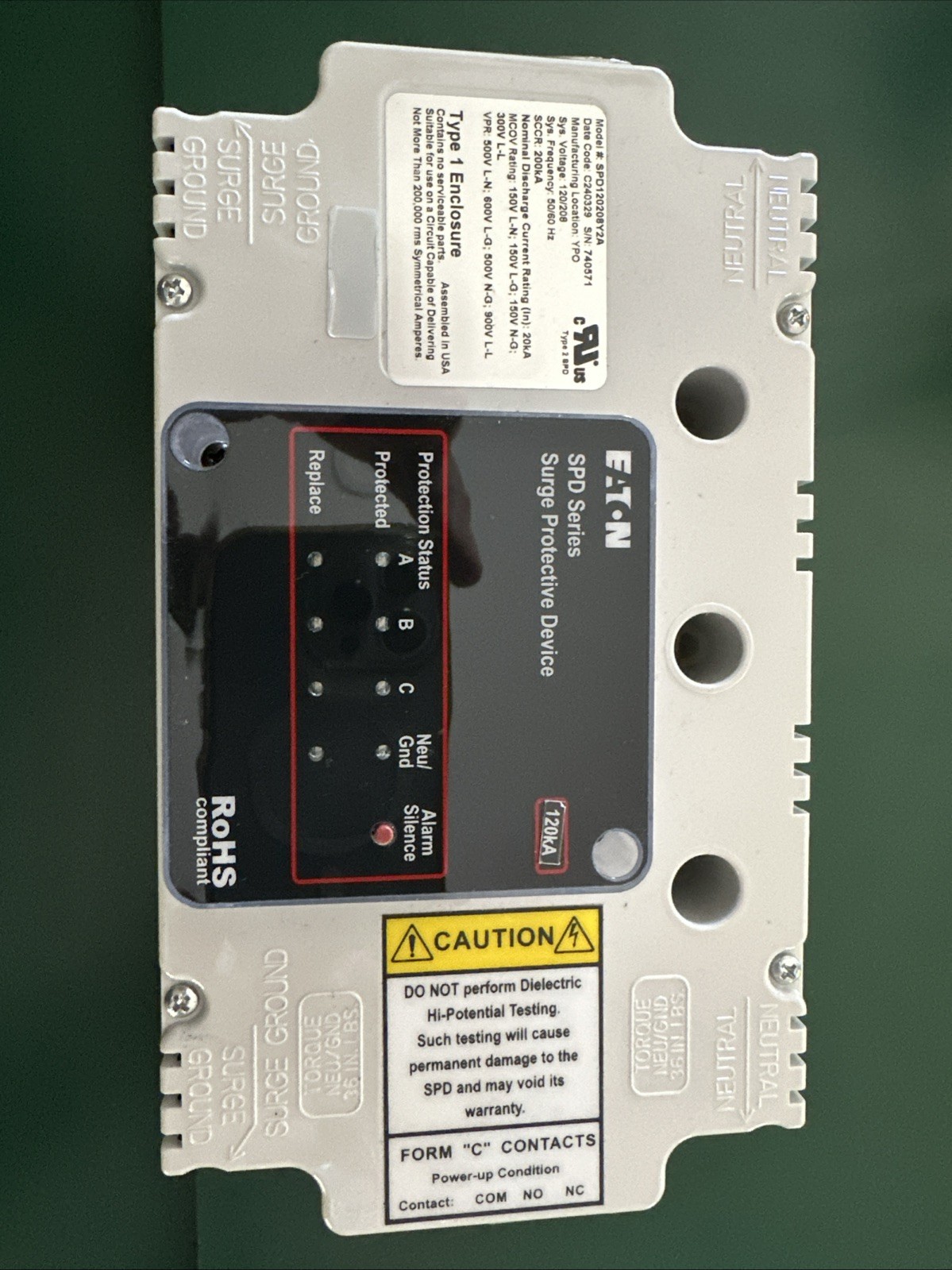 SPD120208Y2A Eaton 120/208V 50/60Hz 120kA Surge Protector – New Out Of Box