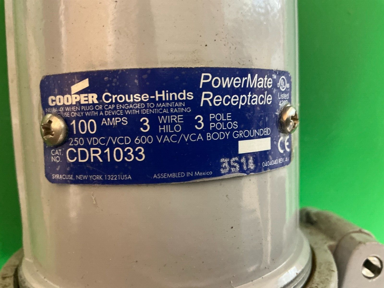 *FREE SHIPPING* CROUSE HINDS CDR1033 100Amp, 3W, 3P, 600V Powermate Receptacle