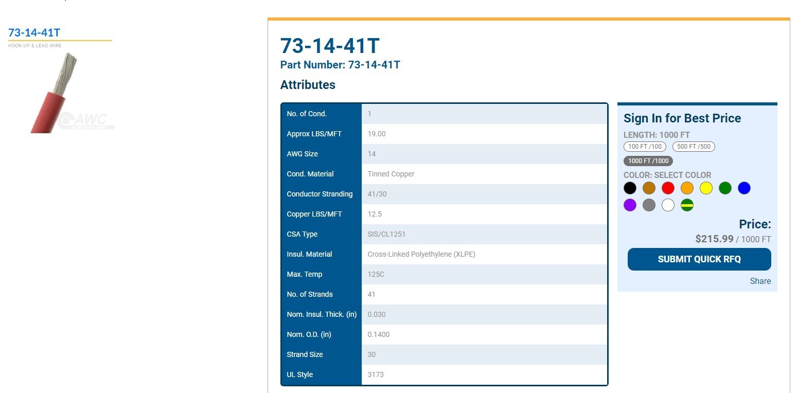 Allied Wire 73-14-41T 5876 AlphaWire High Temperature & Voltage Hook-Up Wire