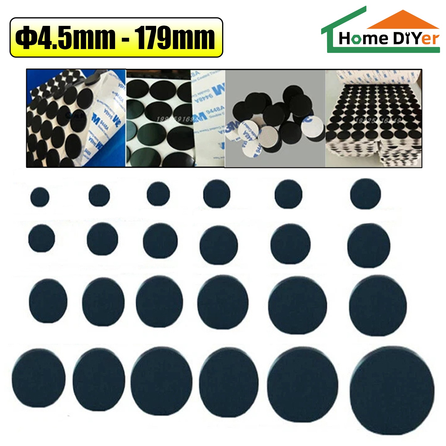 Black 4 -179mm Silicone Rubber Feet Non Slip Round Anti Impact Self Adhesive Pad