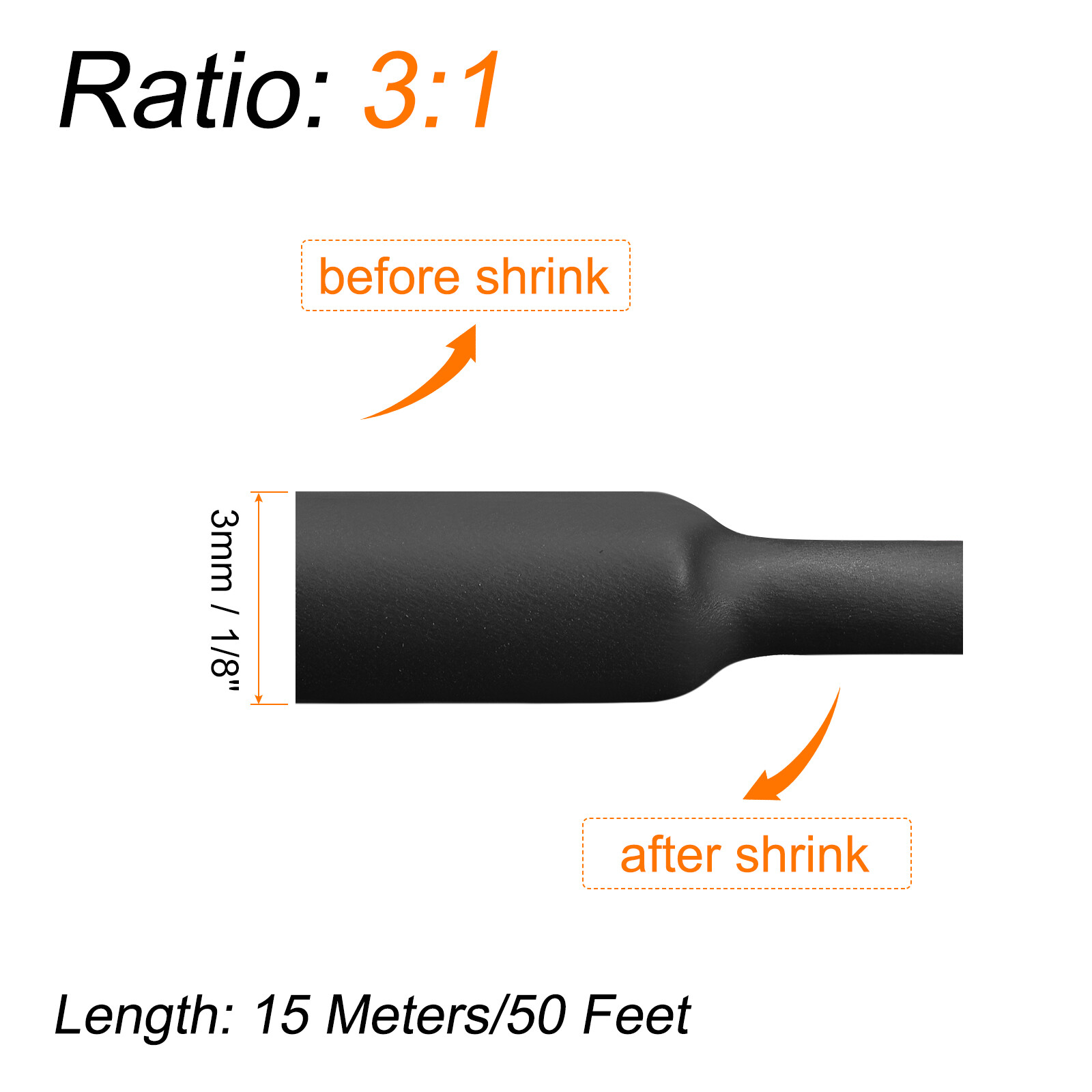 Heat Shrink Tubing 3:1 Ratio 1/8 Inch Dia 50ft Adhesive Lined Dual Wall Black
