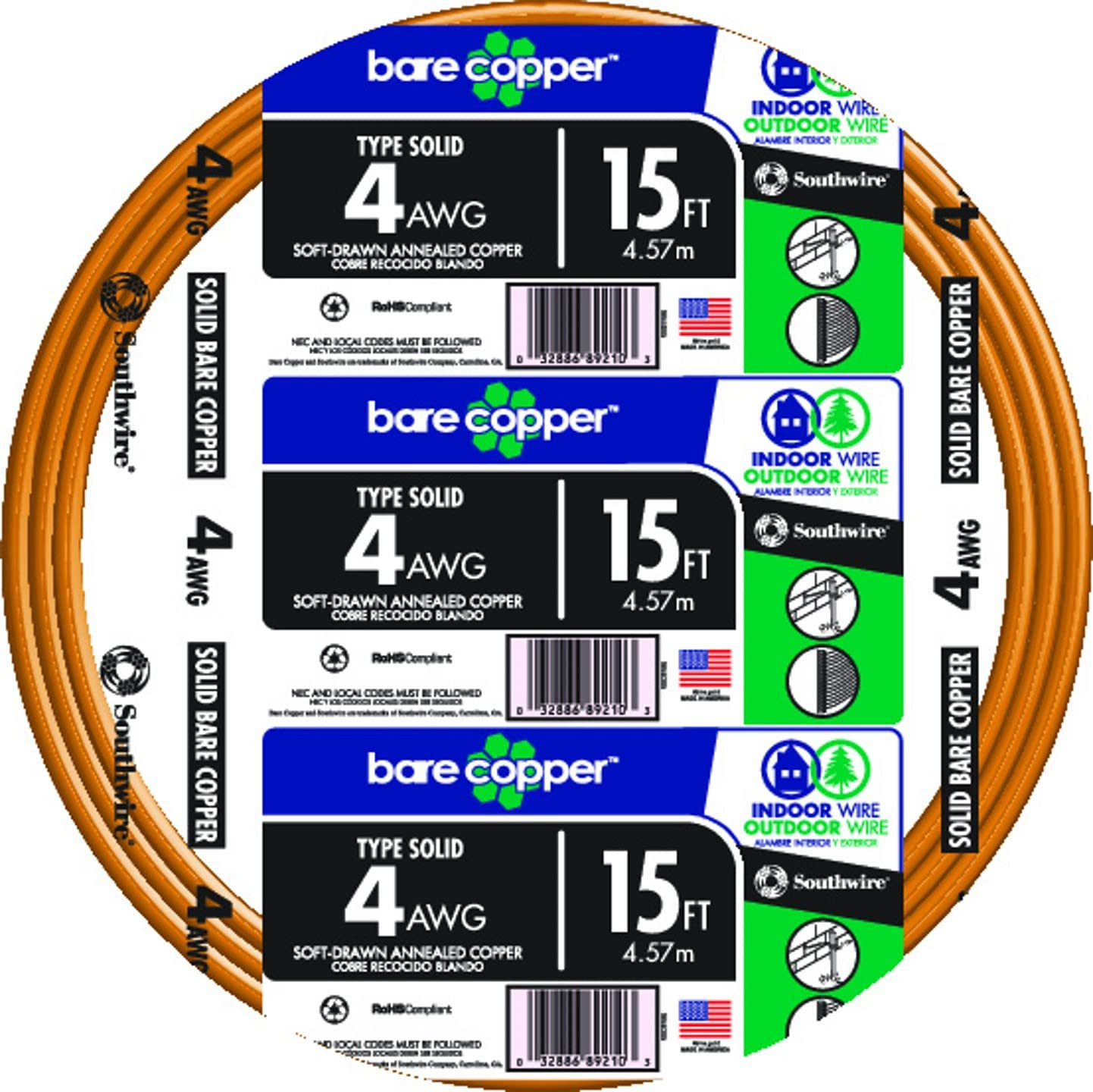 15 Ft. 4-Gauge Solid SD Bare Copper Grounding Wire