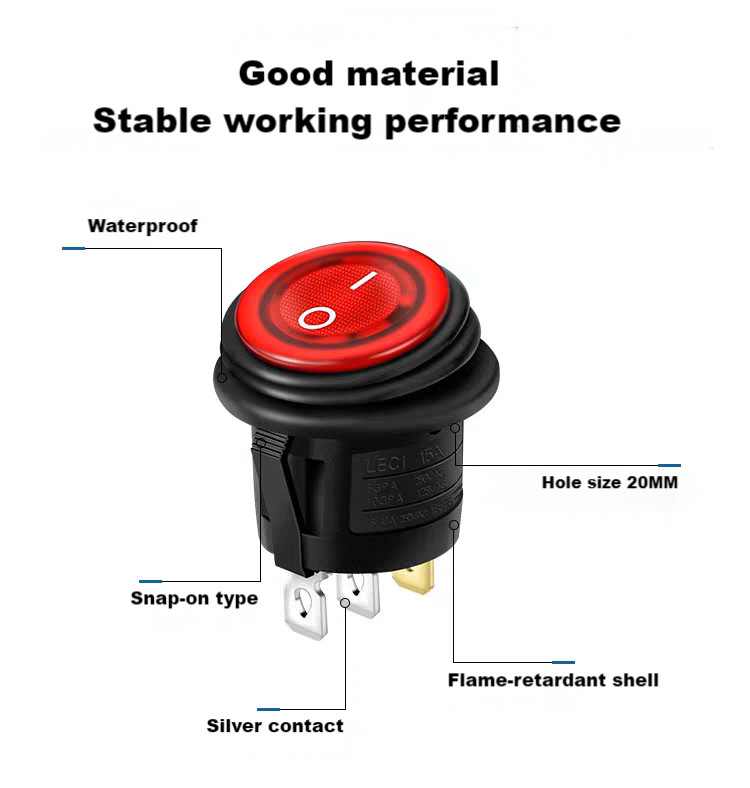 1PCS SPST 3 Pin ON/OFF Round Rocker Switch w/ Red Neon Lamp 10A/125VAC