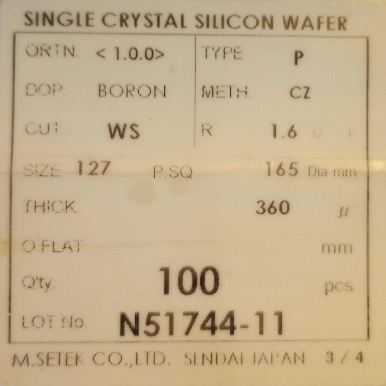 Single Crystal Silicon Wafer 127mm – 5″ – 360um – Qty100