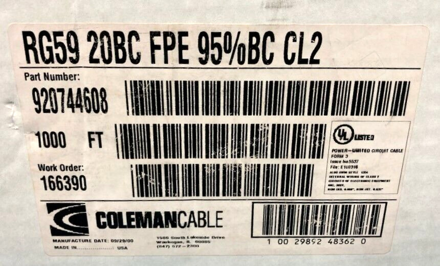 920744608 COLEMAN CABLE 20 AWG COAXIAL CBL 1000FT