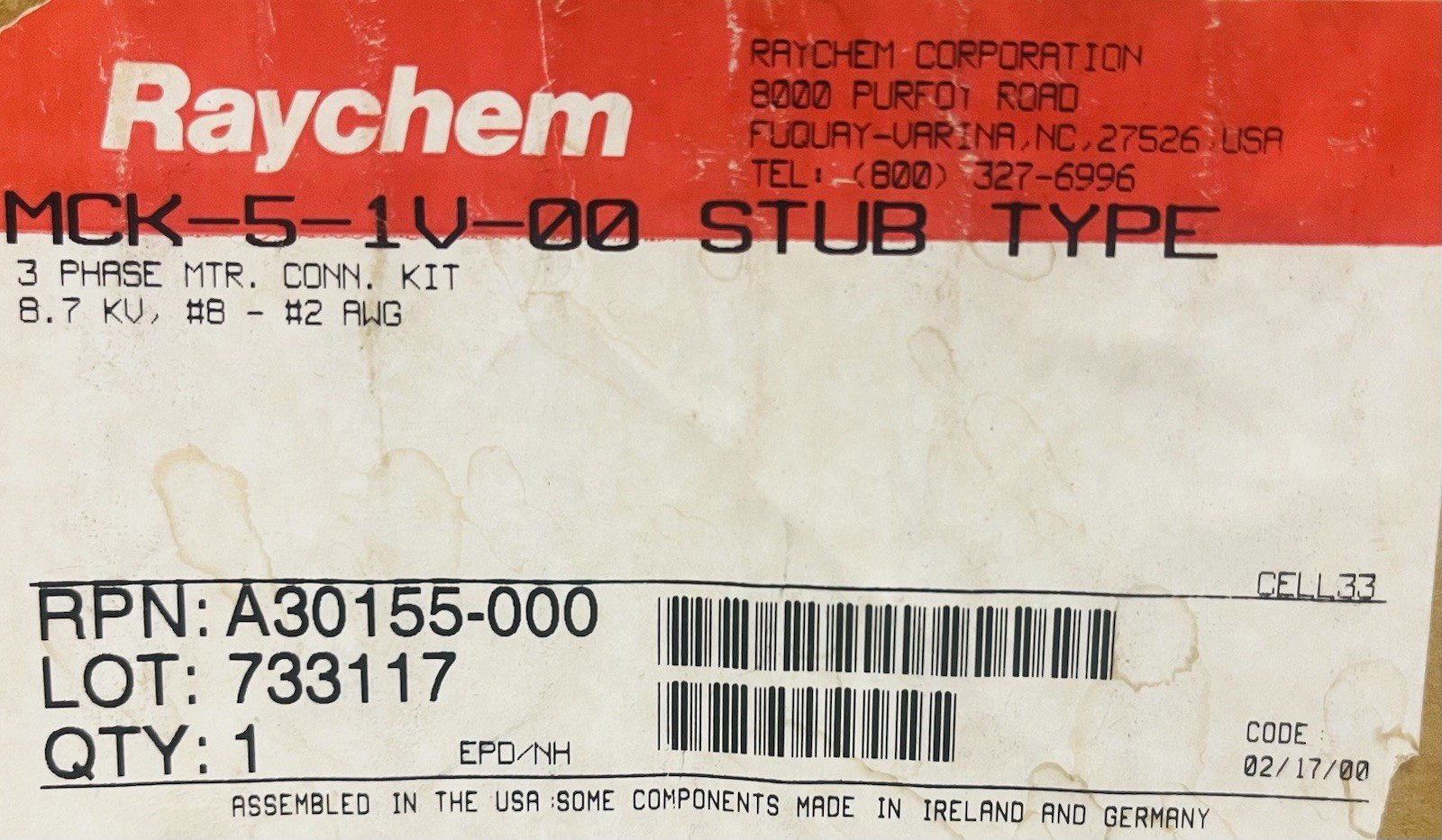 TE CONNECTIVITY RAYCHEM CONNECTIVITY CO. MCK-5-1V MOTOR CONNECTION KIT, ≤ 2 KV