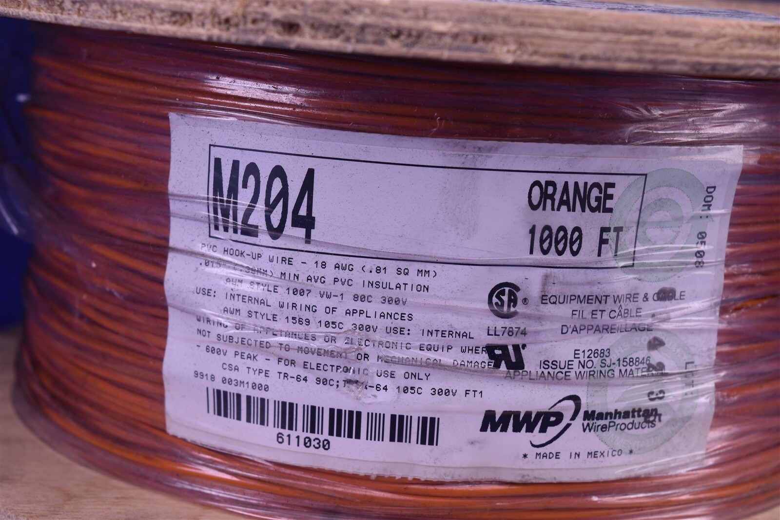 1000′ M204 Orange PVC Hook-Up Wire 18 AWG Appliance Wire 300V