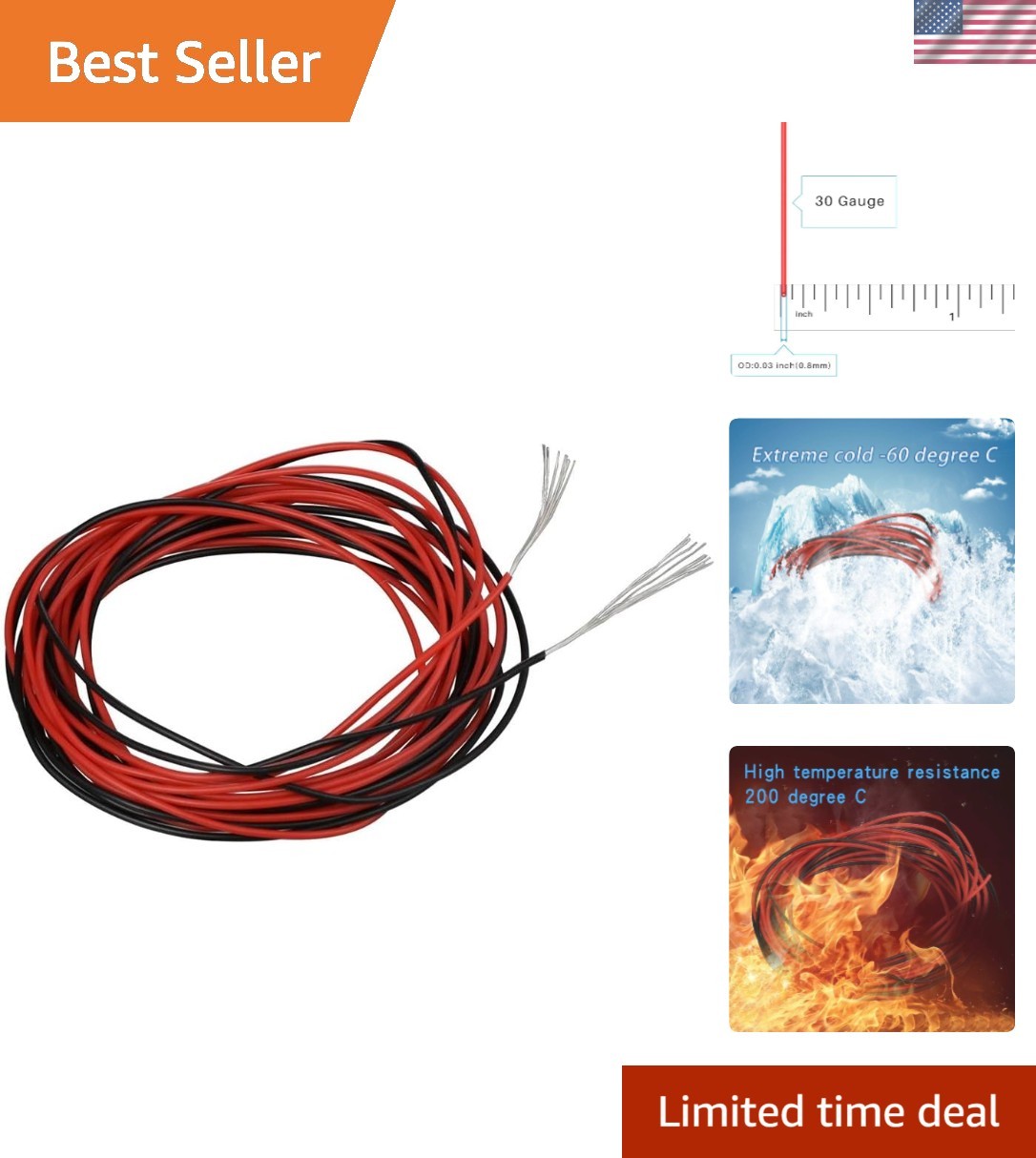 30 Gauge Silicone Wire Red and Black Each 10Ft Flexible 30 AWG Stranded Tinned C