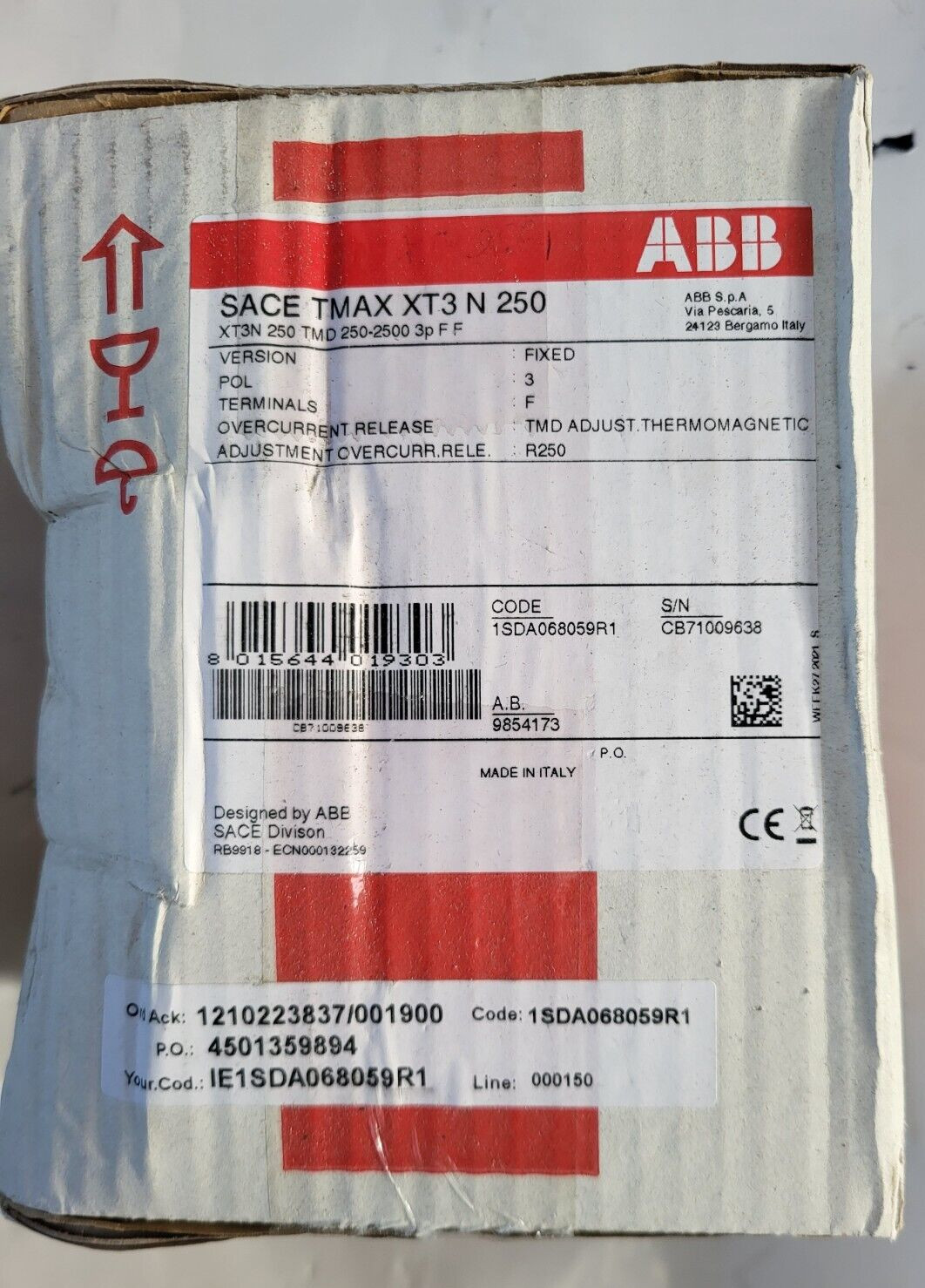 ABB SACE TMAX XT3 N 250 1SDA068059R1 CIRCUIT BREAKER (R3S8.8)