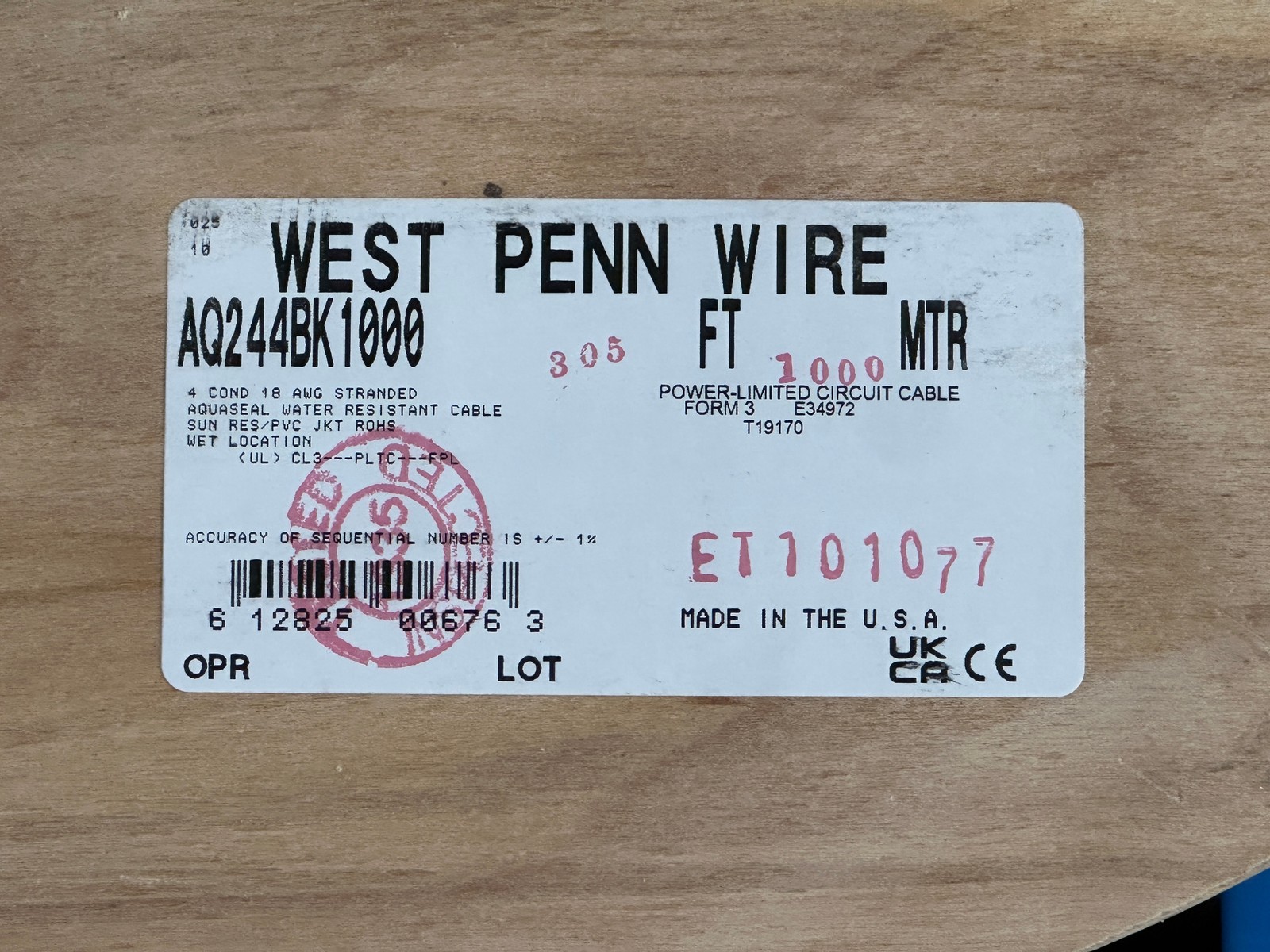 1000ft West Penn Wire AQ244 4-Conductor 18AWG 18/4 USA Made
