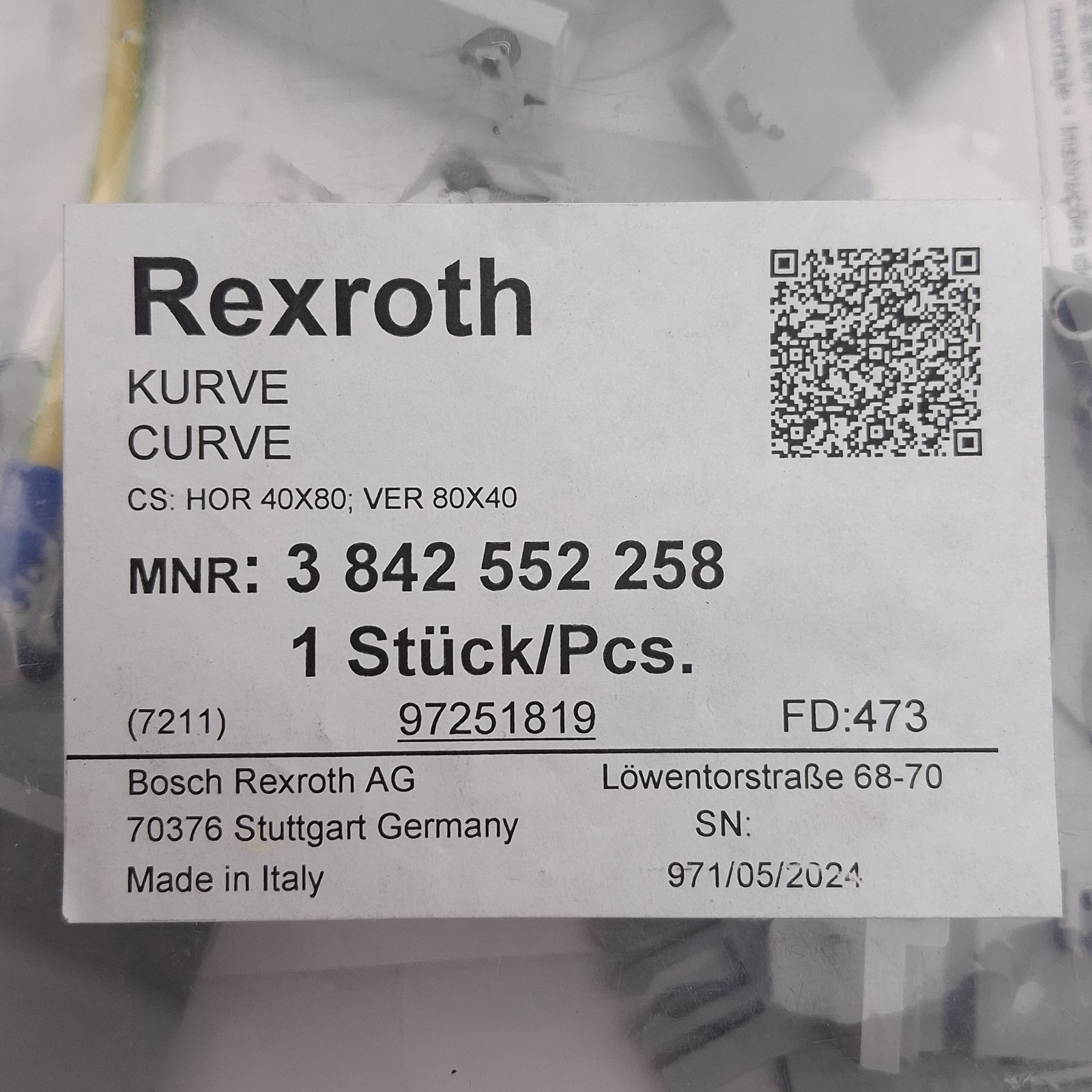 Rexroth 3842552258 Modular Cable Duct Curve, 90 Degree, HOR 40×80, VER 80×40