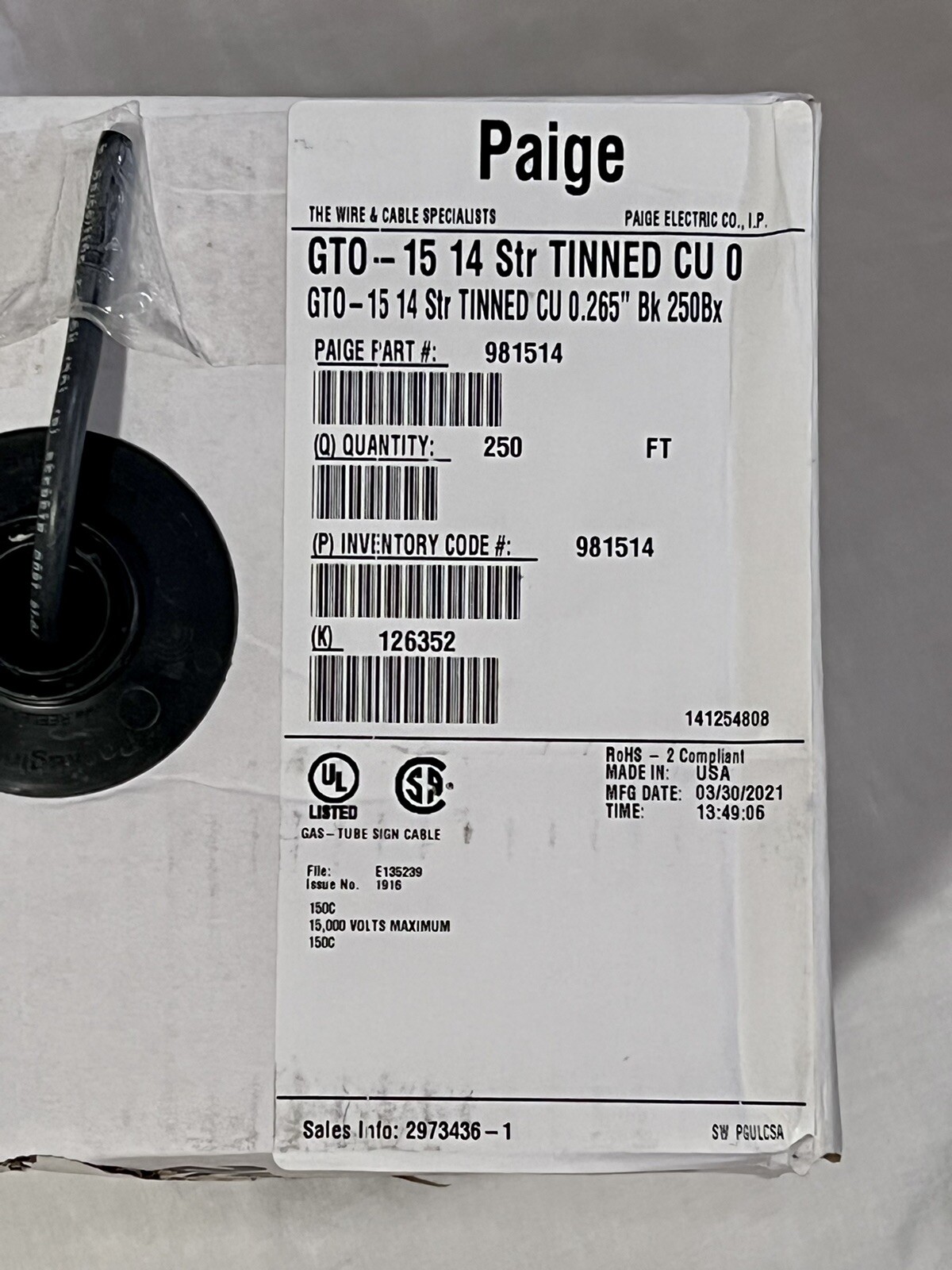 GTO15 Paige 981514 By The Foot High Voltage Wire Silicone Cable PICKUP ONLY