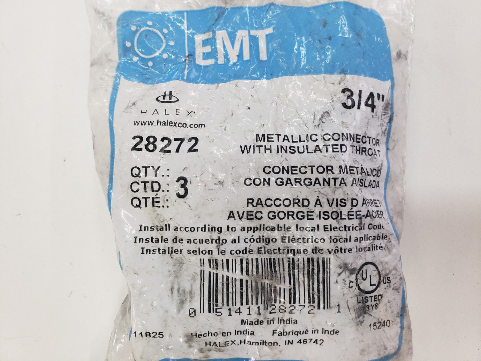 Bag of 3 – Halex EMT 28272 3/4″ Metallic Connector with Insulated Throat Conduit
