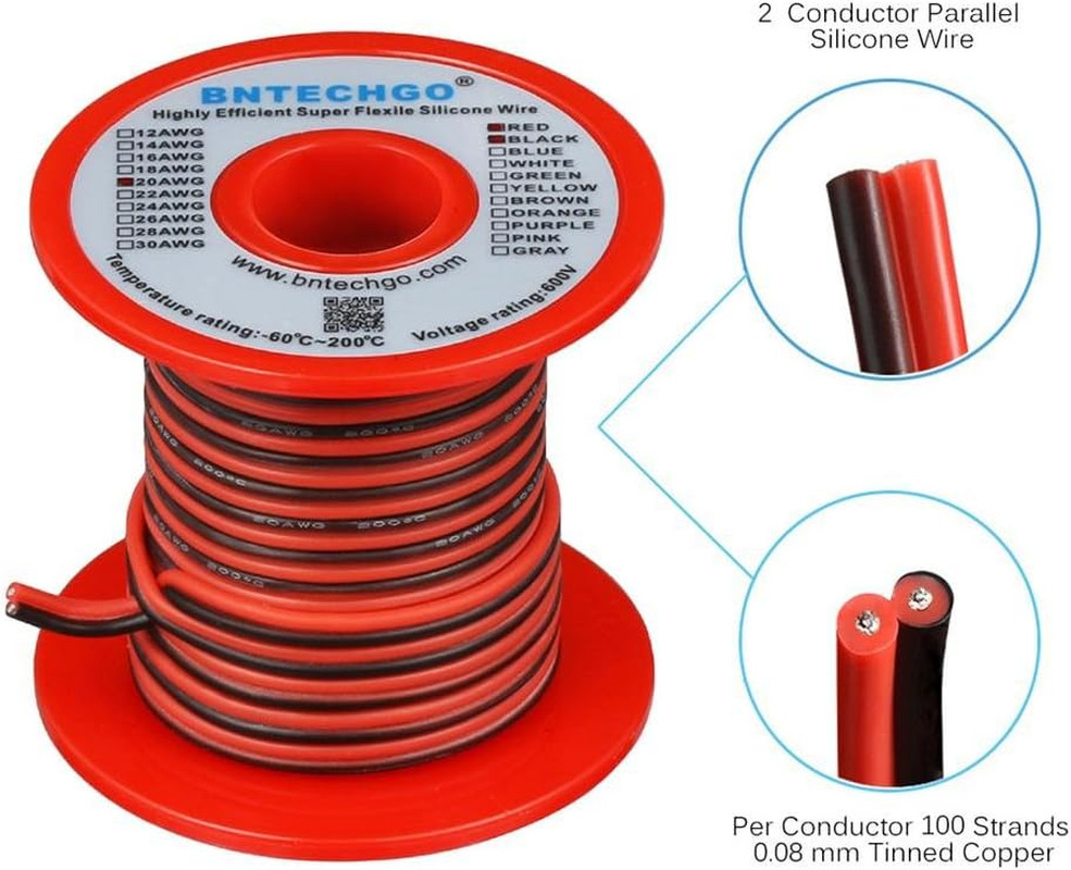 BNTECHGO 20 Gauge Flexible 2 Conductor Parallel Silicone Wire Spool Red Black Hi
