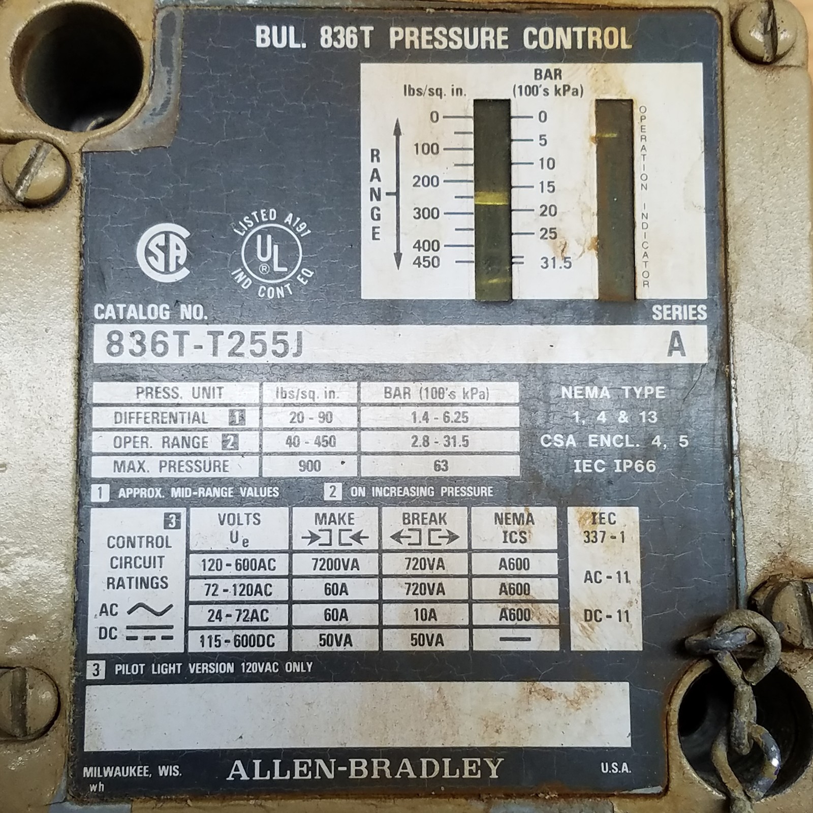 Allen Bradley 836T-T255J Series A Bulletin 836T Pressure Controls – USED