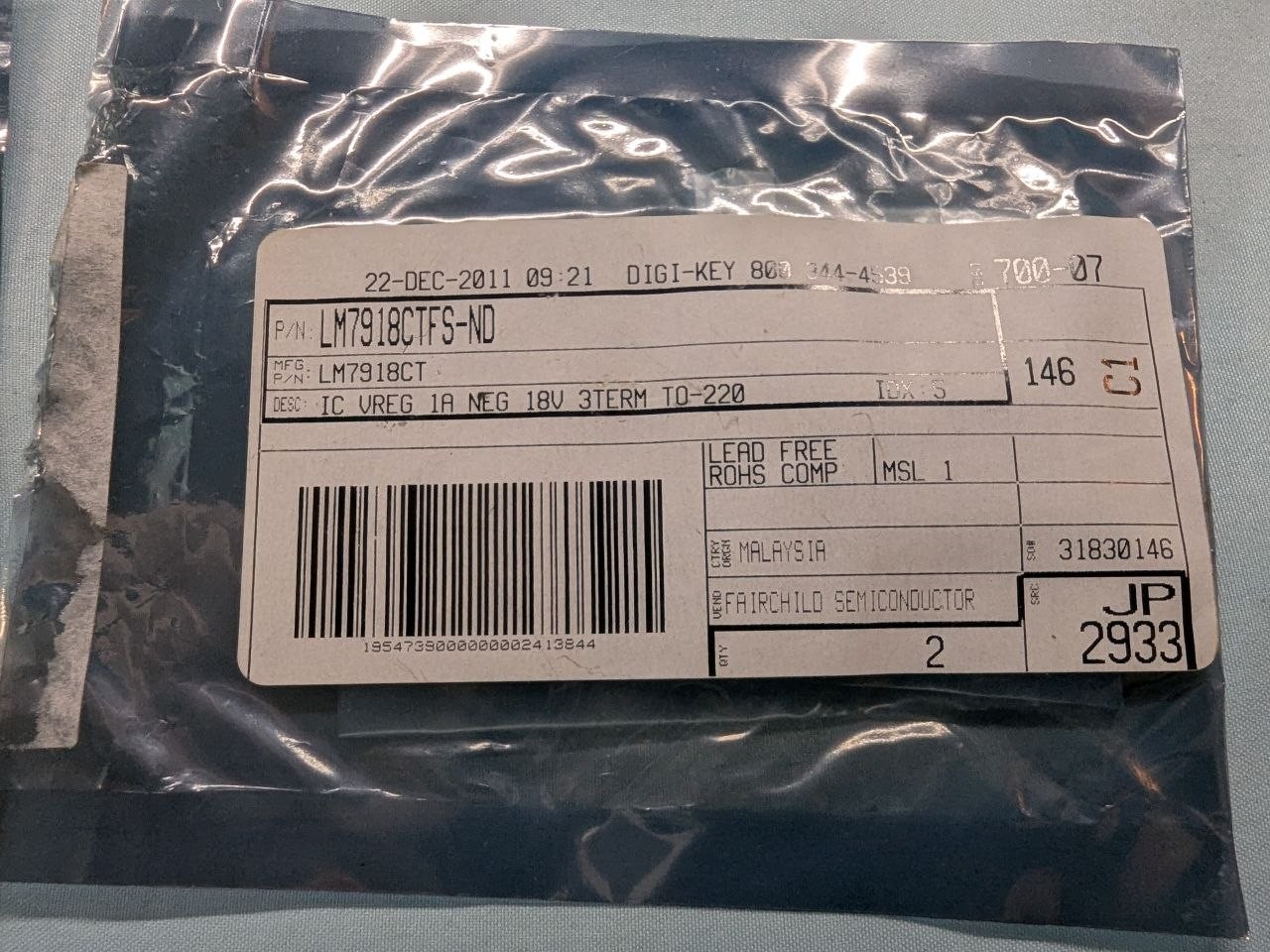 Lot of 4 Digi-Key Semiconductor Bags LM7915 LM7818 LM7918 NZX5V1A RE