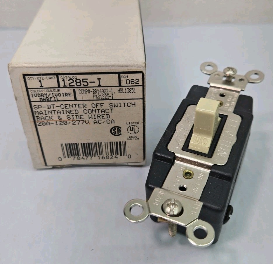 LEVITON 1285-I Switch Ivory ON-OFF-ON 3 Positions, 20A SPDT Center Off