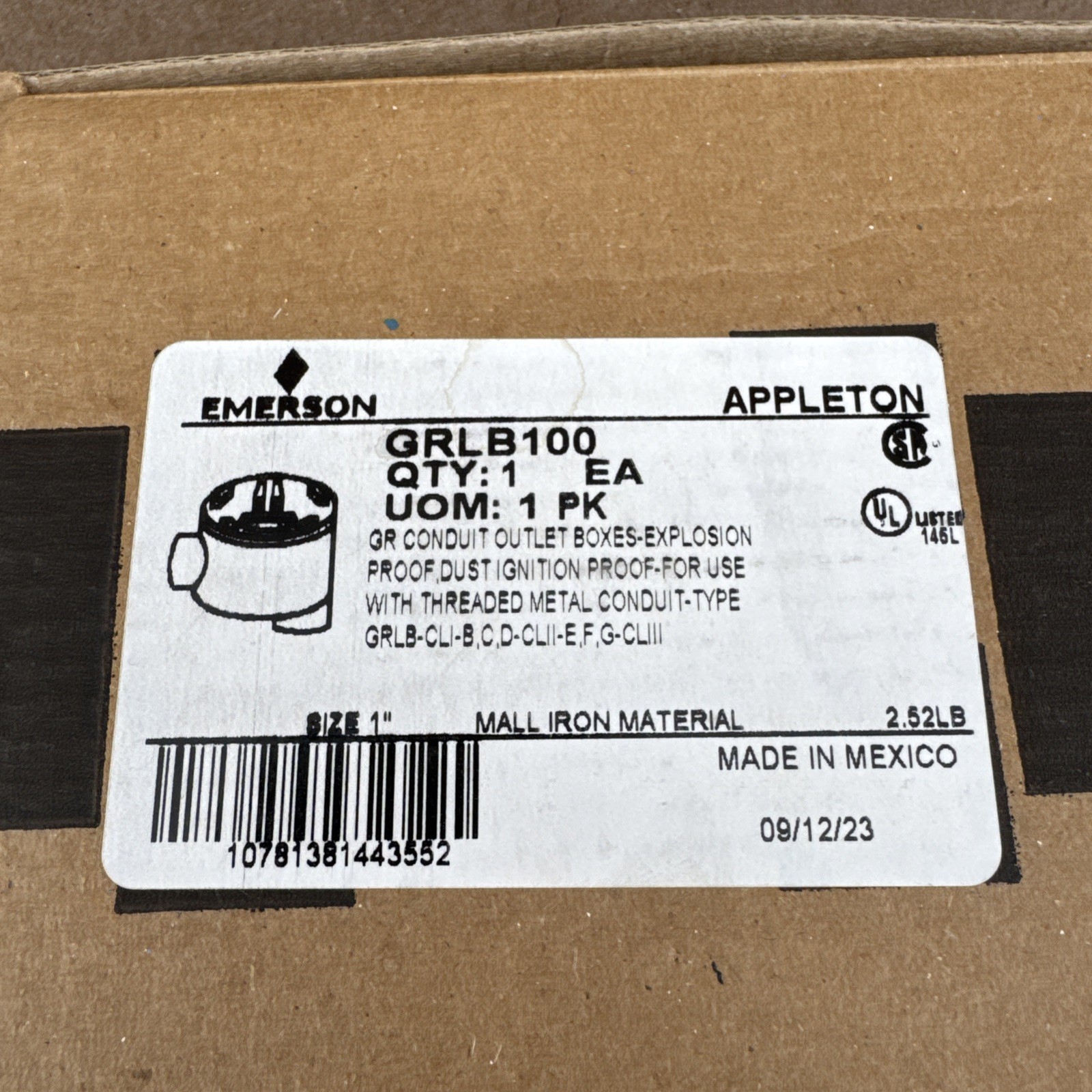 Emerson Appleton GRLB100 1″ GR Conduit Outlet Box Explosion Proof Mall Iron
