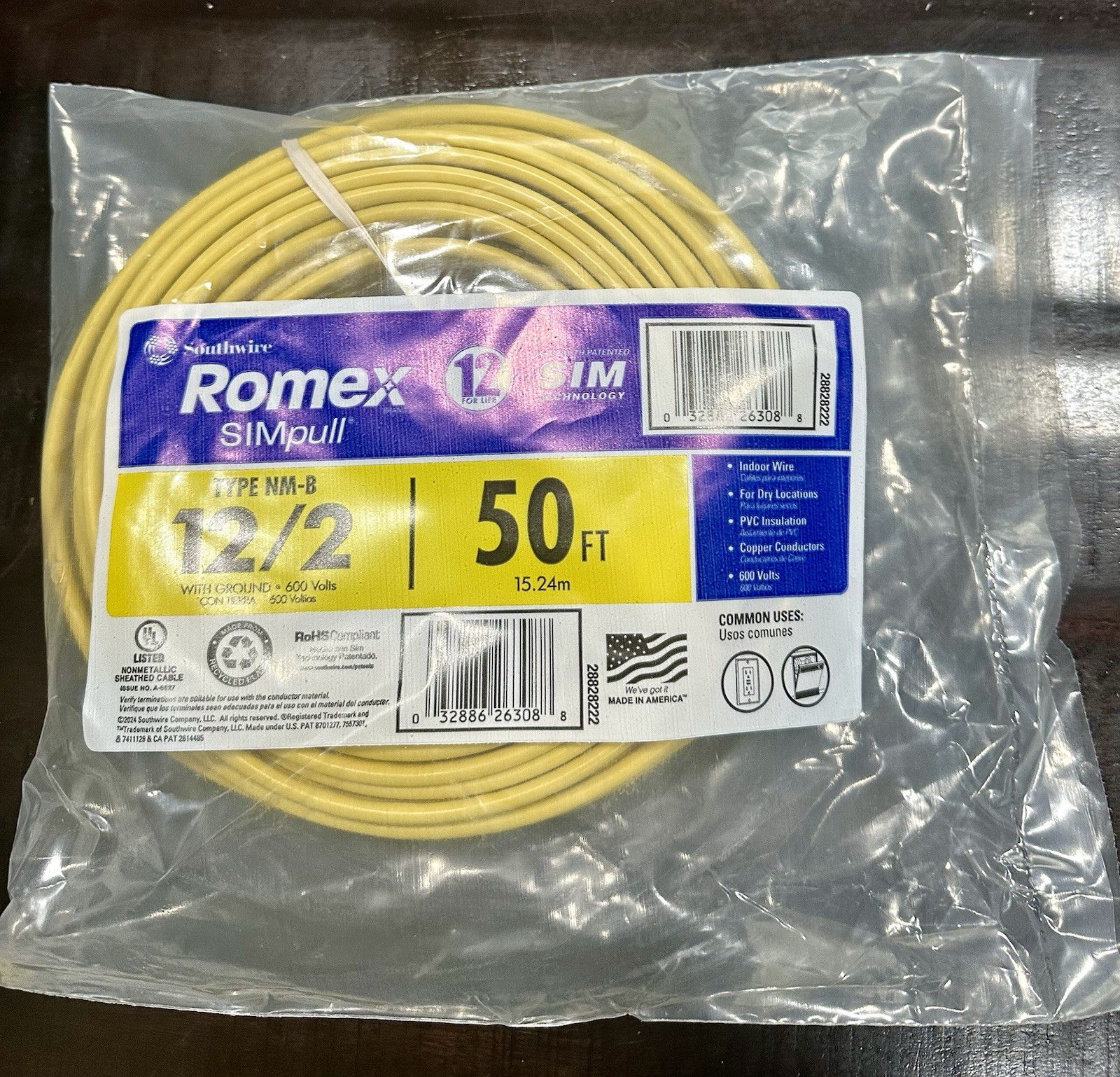 Southwire 50ft 12/2 Solid Yellow NM B Copper Building Wire Romex