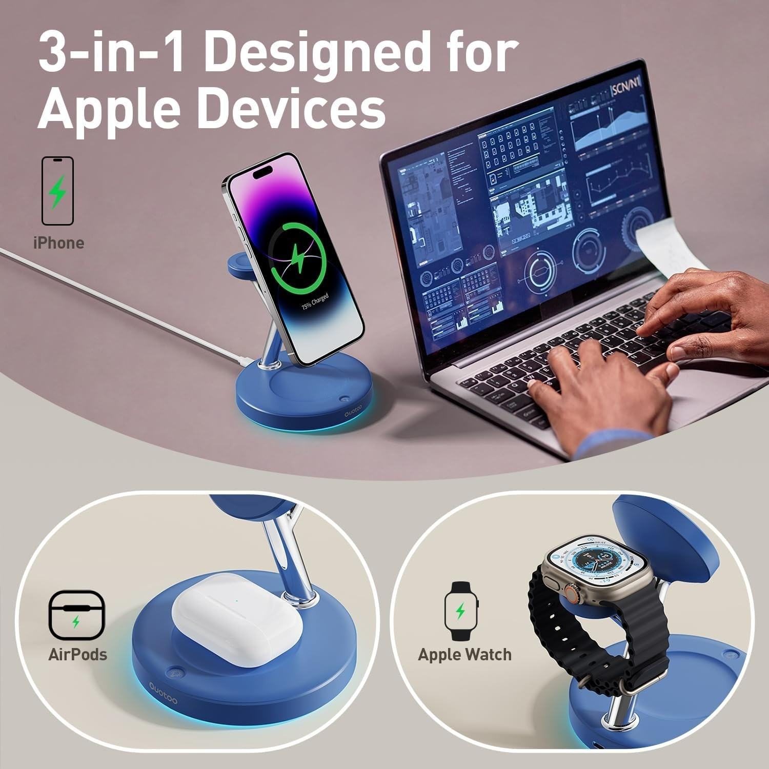 Wireless Charger 3 in 1 for iPhone Magnetic Charging Station 15W Fast MagSafe