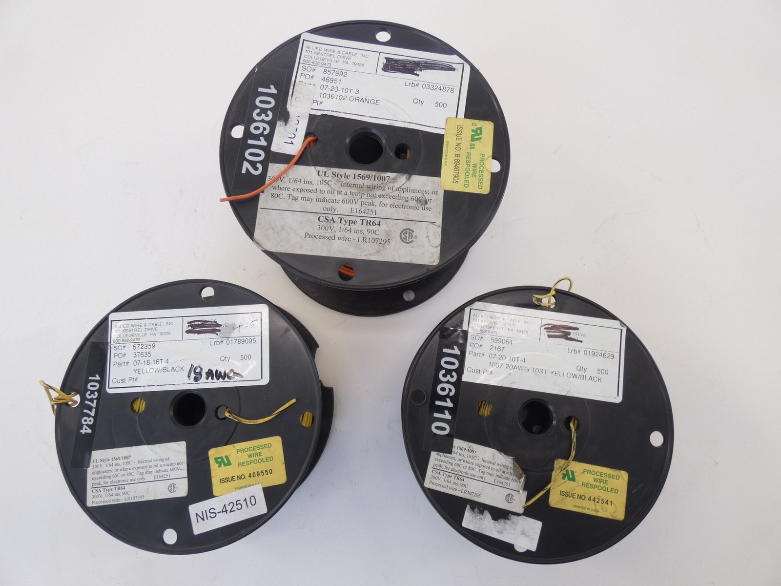 *Lot of 3* Allied Wire & Cable Wire Spool Reels 07-18-16T-4, 07-20-10T-4, 07-…