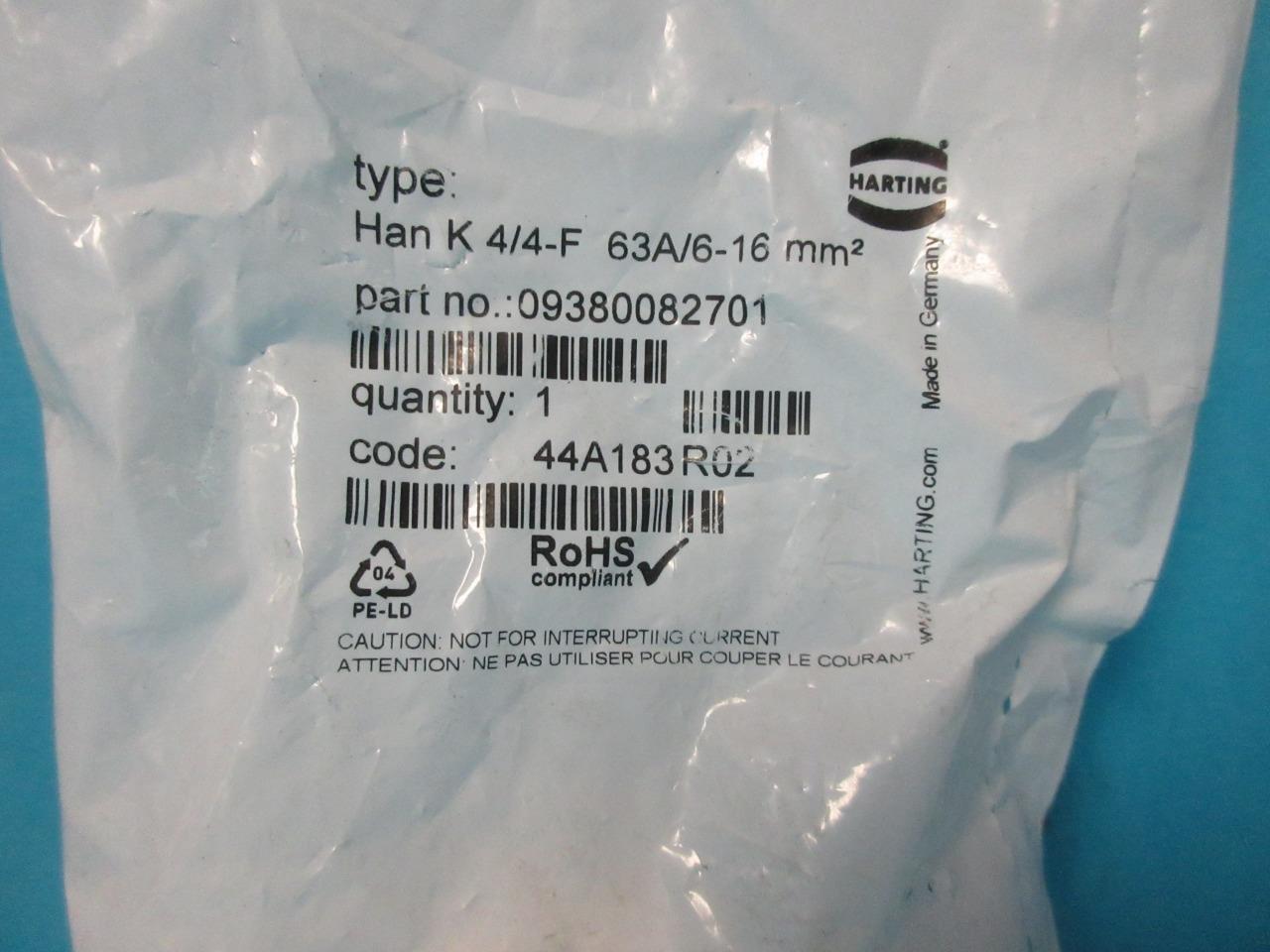 NEW HARTING 09380082701 TYPE HAN K 4/4-F 63A/6-16 MM2 FINGER PROT CONNECTOR NIP