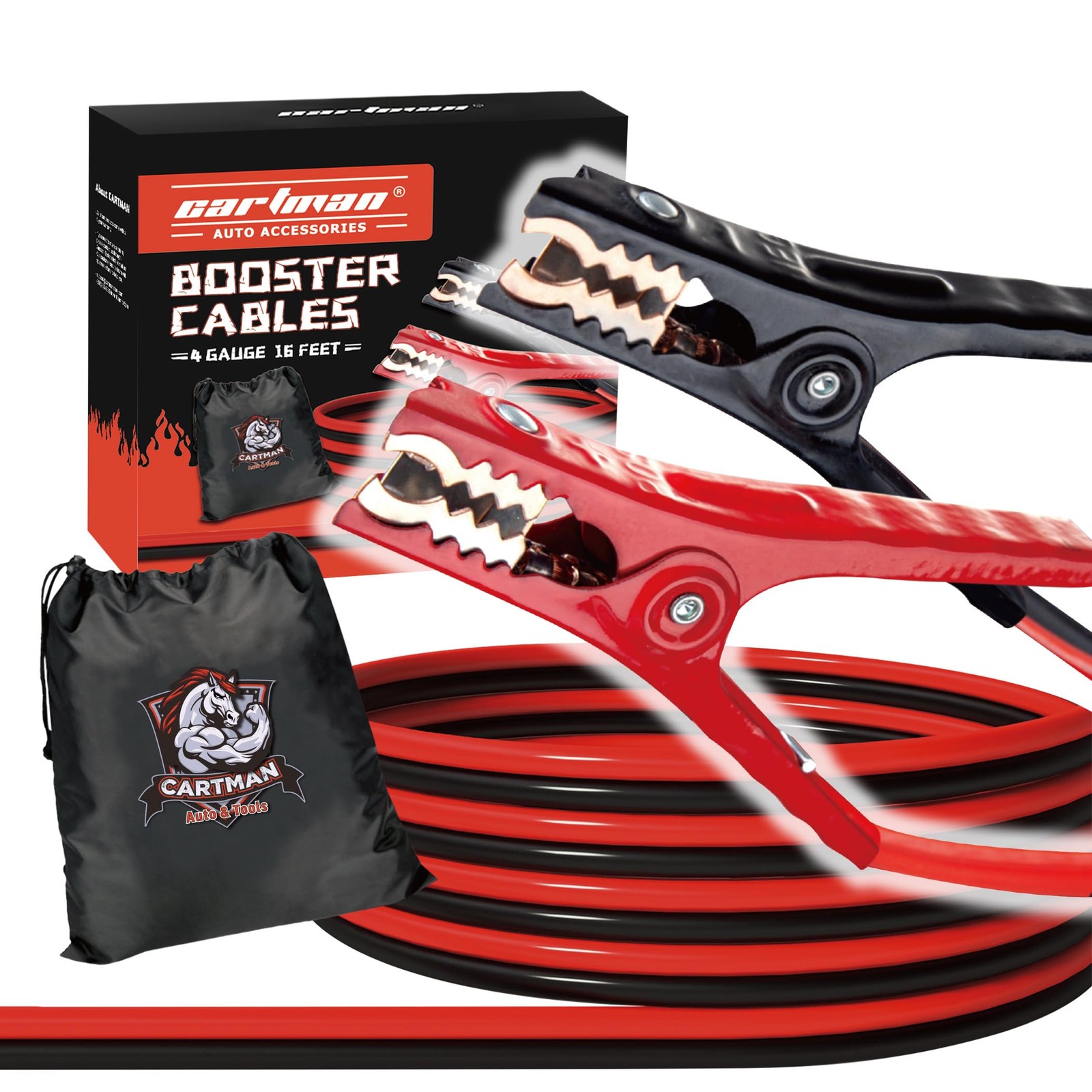 CARTMAN 4 Gauge 16 Feet Jumper Cables 300AMP Heavy Duty Booster Cable in Carry