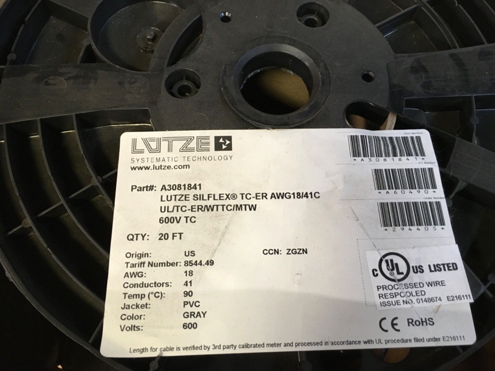 Lutze Silflex TC-ER AWG18/41C, 20ft, 600V TC, gray, 18awg, NOS, KP-1226