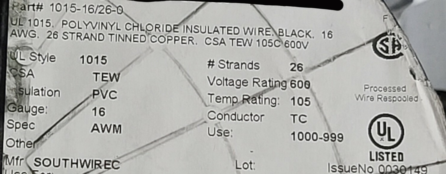 Southwire/Copperfield #16awg 26x30T Boat Cable Hook-Up Wire UL-1015 Black /100ft