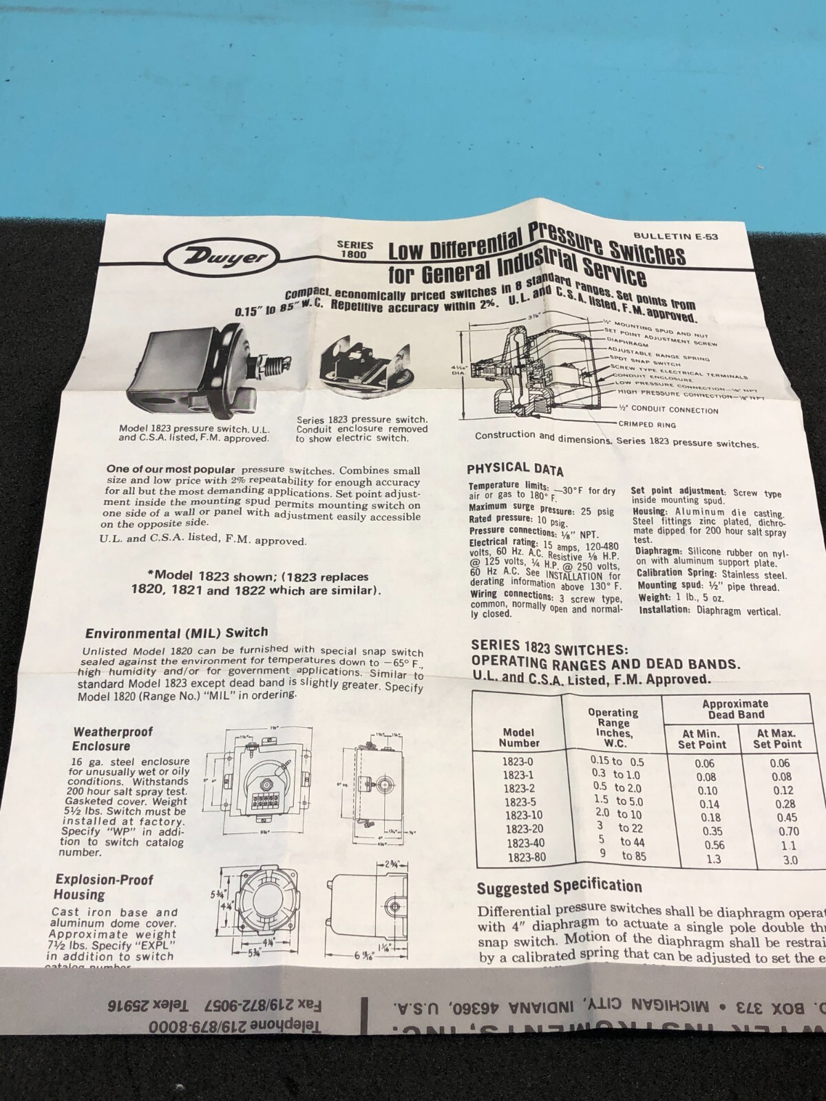 2 Dwyer 1823-2 Low Differential Pressure Switch, 171635