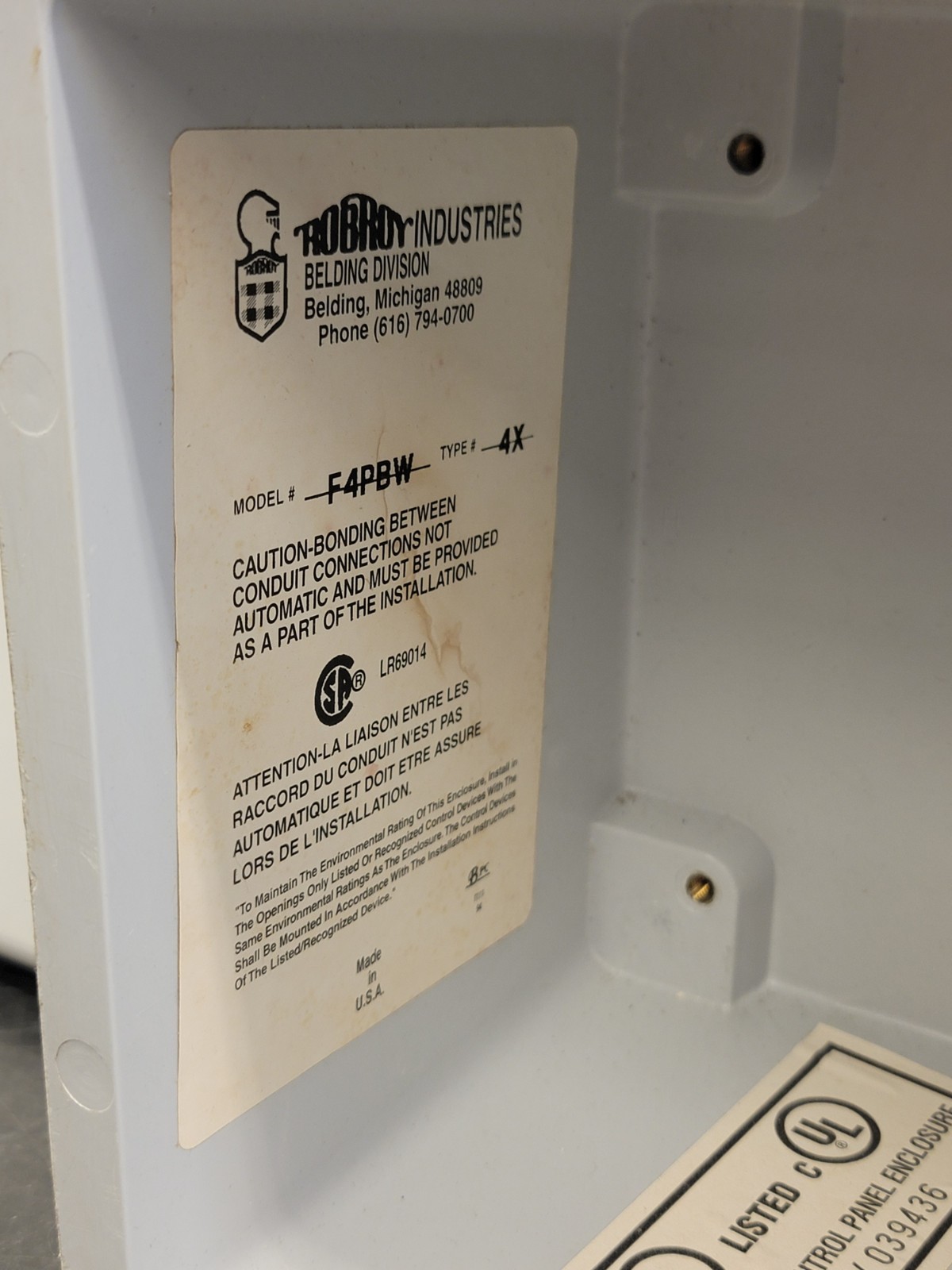 ROBROY F4PBW INDUSTRIAL CONTROL PANEL Type 4X
