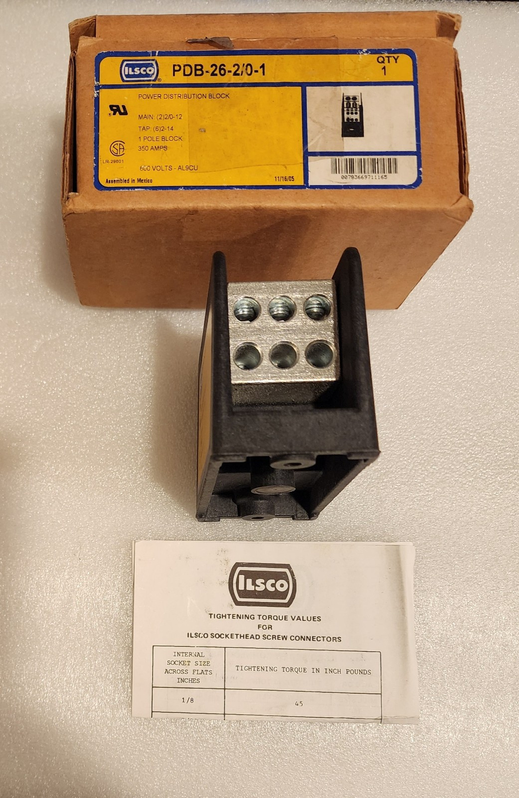 Ilsco PDB-26-2/0-1, 12 to 2/0, 14 to 2 AWG Secondary, Distribution Block, 1pc