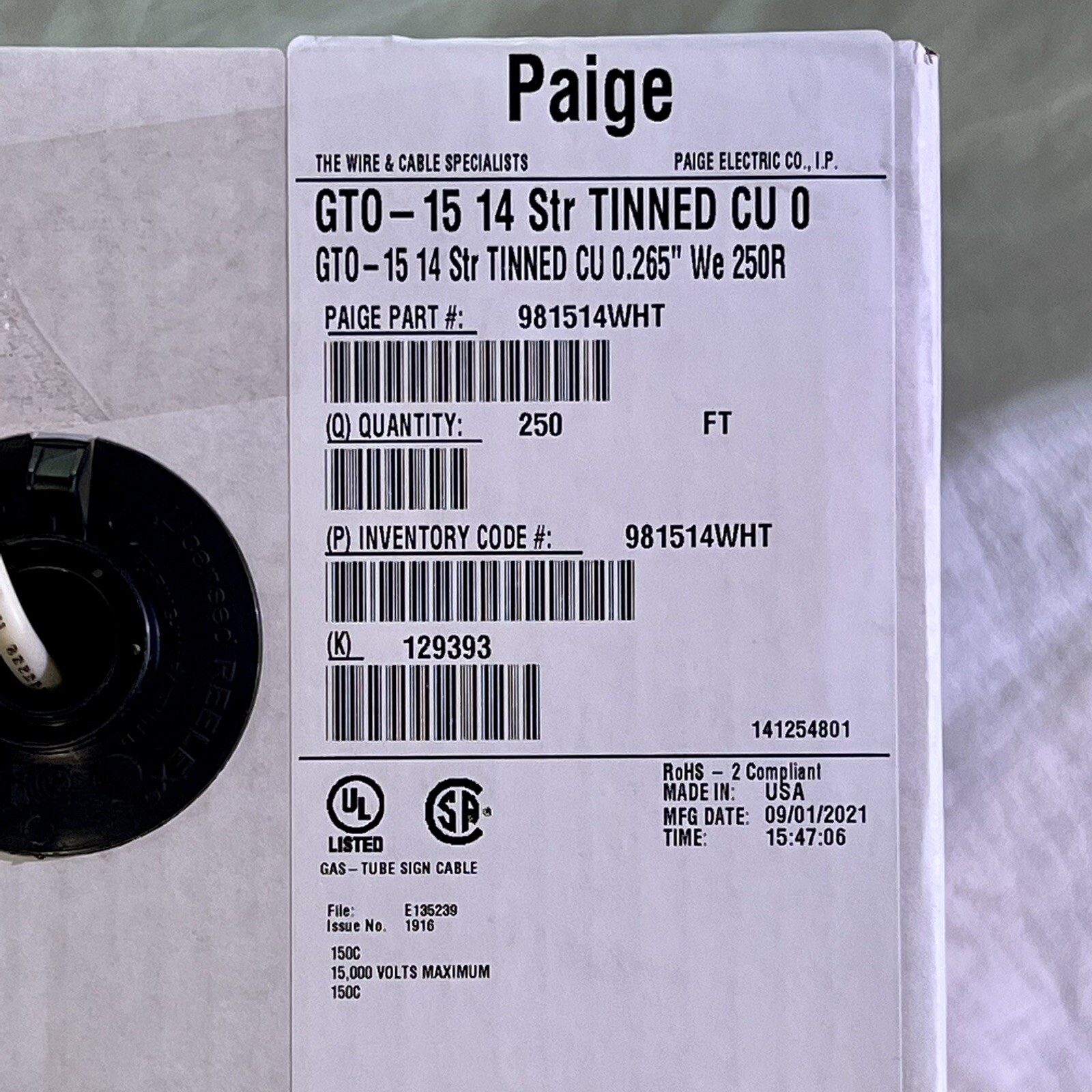 GTO15 Paige 981514 White 10 feet High Voltage NEON Sign Wire Cable FREE SHIP!
