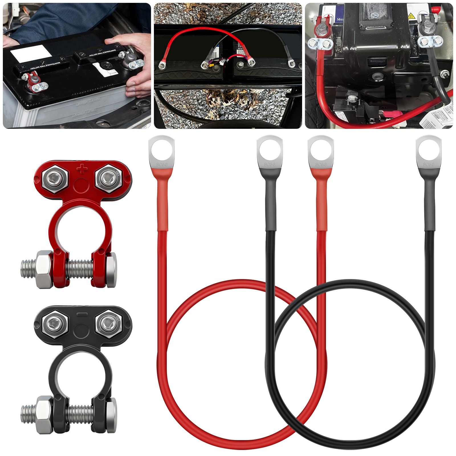 10AWG 100cm Connectors for Battery Terminals w/ 3/8″ Lugs Car Inverter Golf Cart