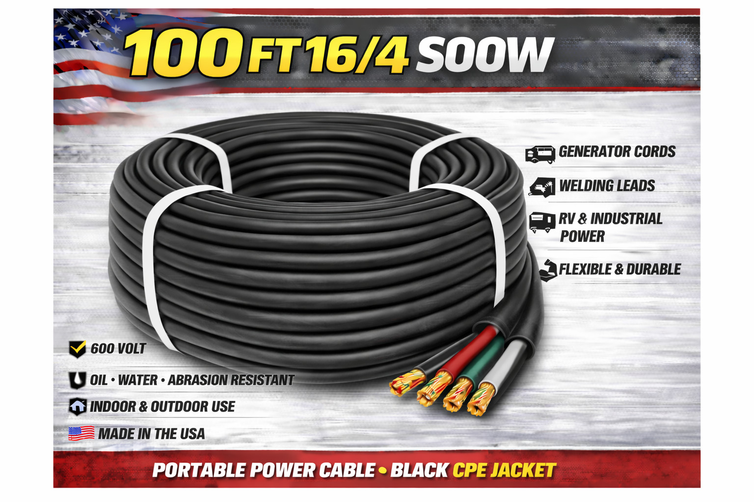 16/4 SOOW Portable Cord 100FT 600V UL CSA Black Flexible Cable USA Made