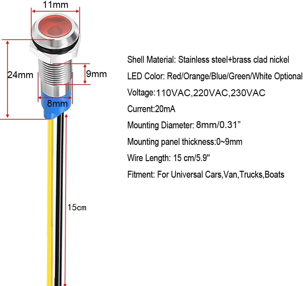 5pcs 8mm LED Metal Indicator Light Waterproof Indicator Light Color: Red 110V