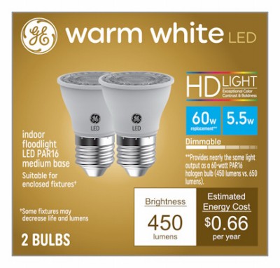 LED Indoor Floodlight Bulb, PAR16, Warm White, 6 Watt, 2-Pk. – 93129799