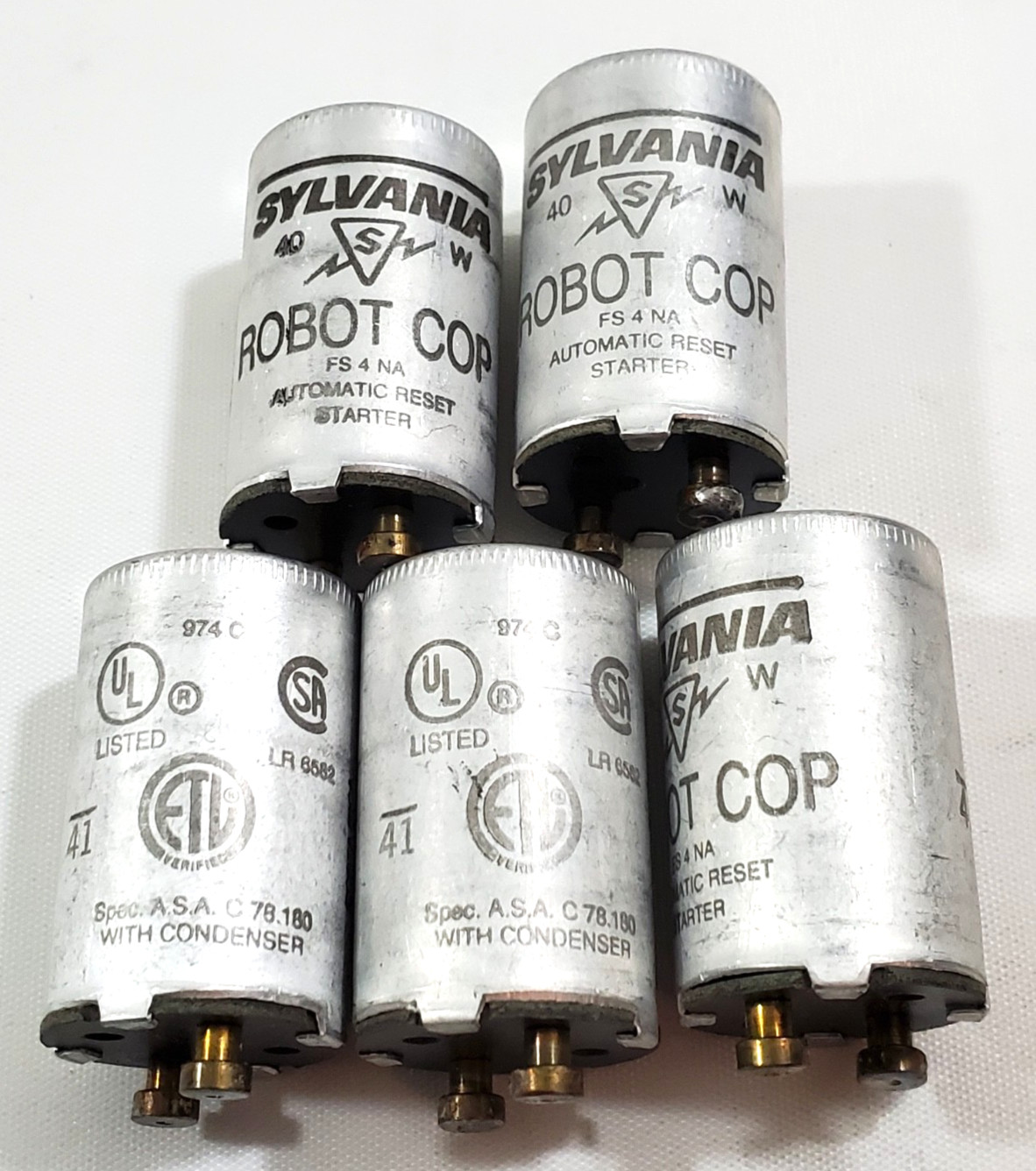Lot of 5 Sylvania FS-4 Fluorescent Lamp Starters 40 Watt Aluminum FS4 Robot Cop