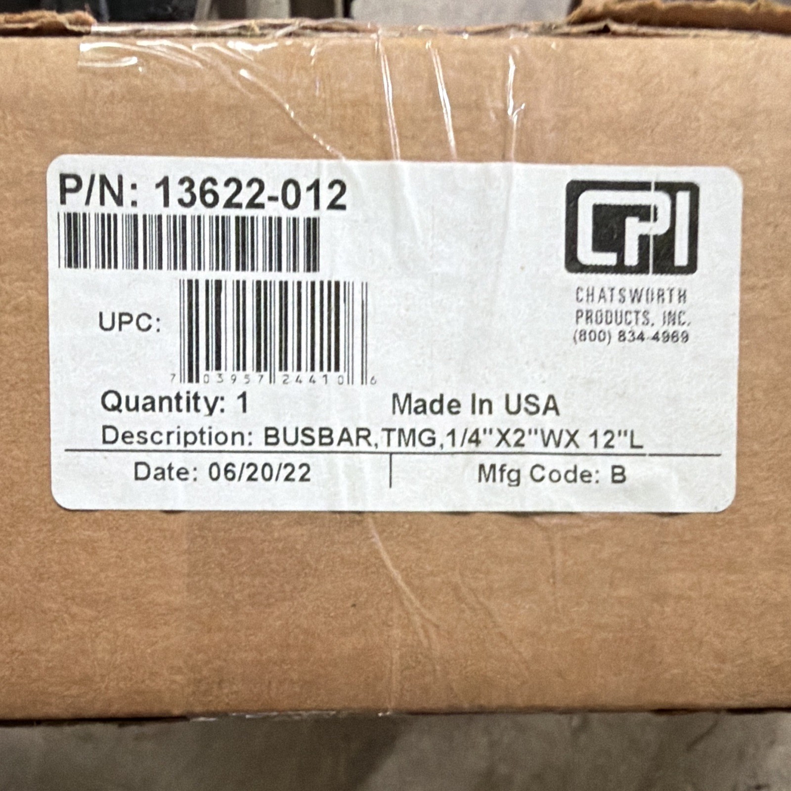 CPI Chatsworth 13622-012 TMG Busbar 1/4″ x 2″ W x 12″ L P/N 13622-012