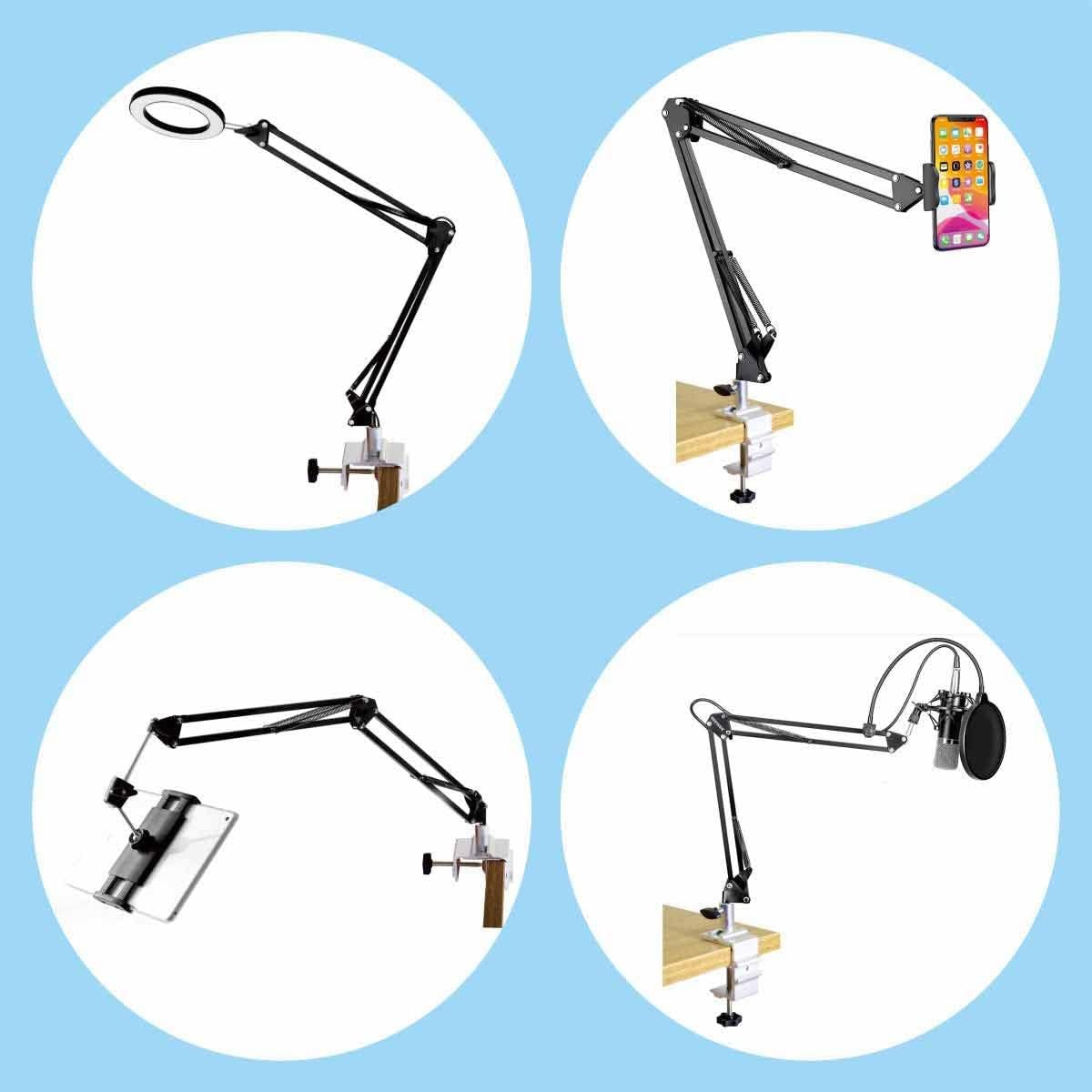1/2 Inch Base Magnifying Lamp Clamp Silver Swing Arm Desk Lamp Phone Tablet