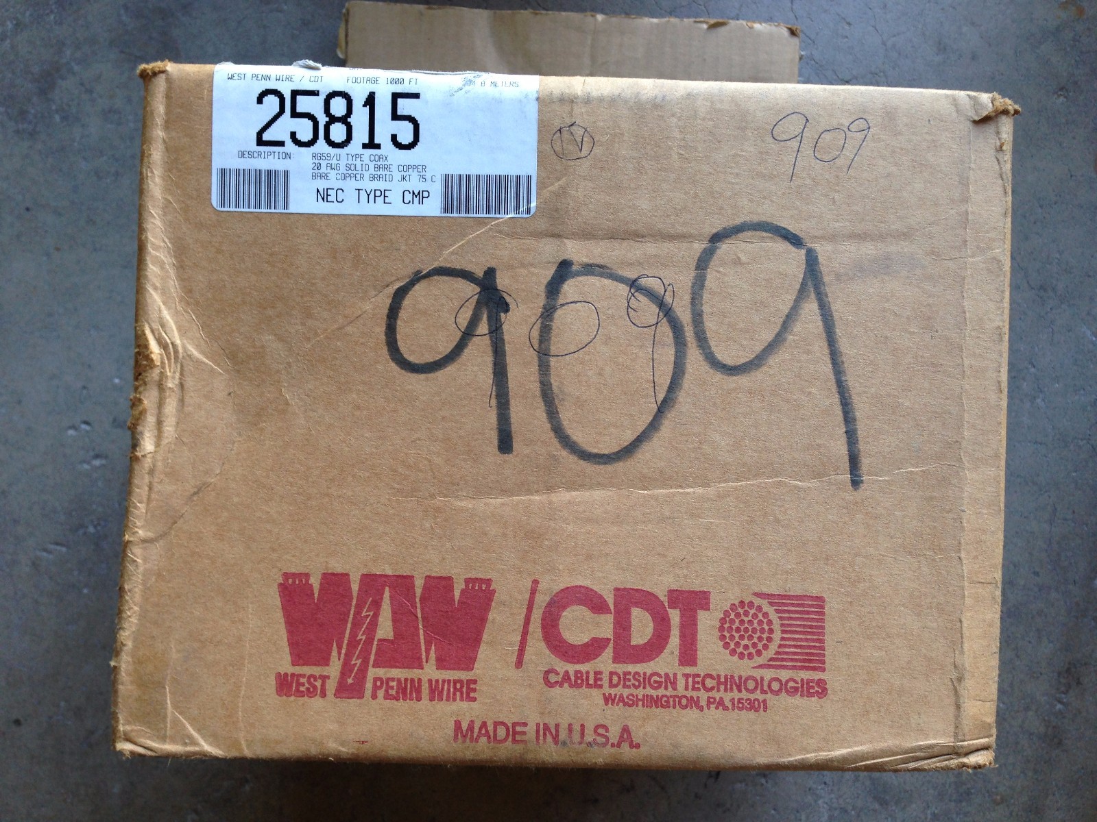 1000′ West Penn Wire 25815 RG59/U 20 SOLID BARE CMP CCTV Coaxial Cable