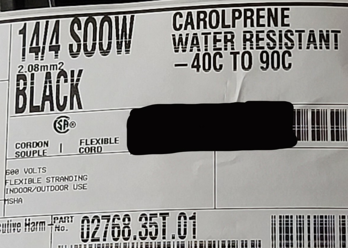 NEW Carol 02768 14/4C Carolprene SOOW 600V 90C Portable Power Cable Cord Black