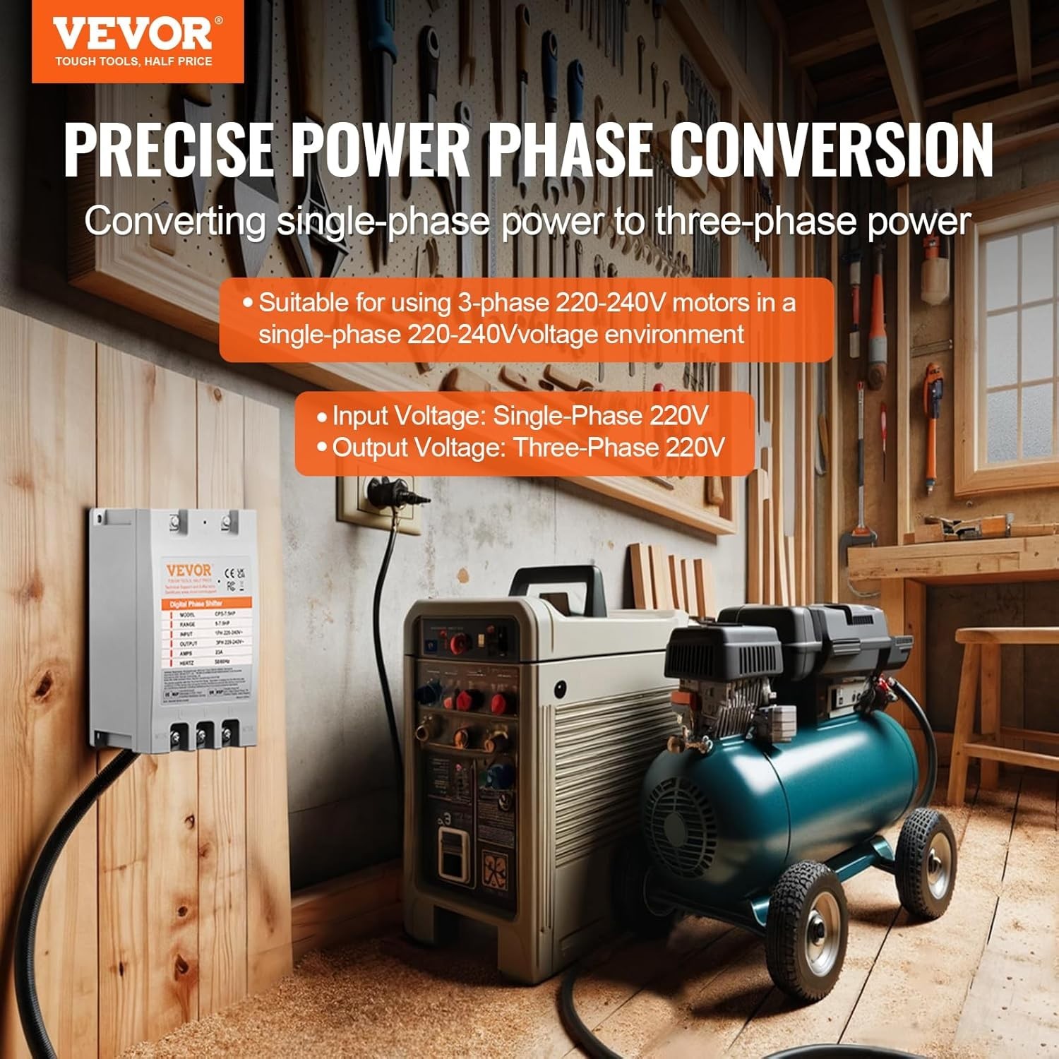 VEVOR 3 Phase Converter – 7.5HP 23A 220V Single Phase to 3 Phase Converter, 220V