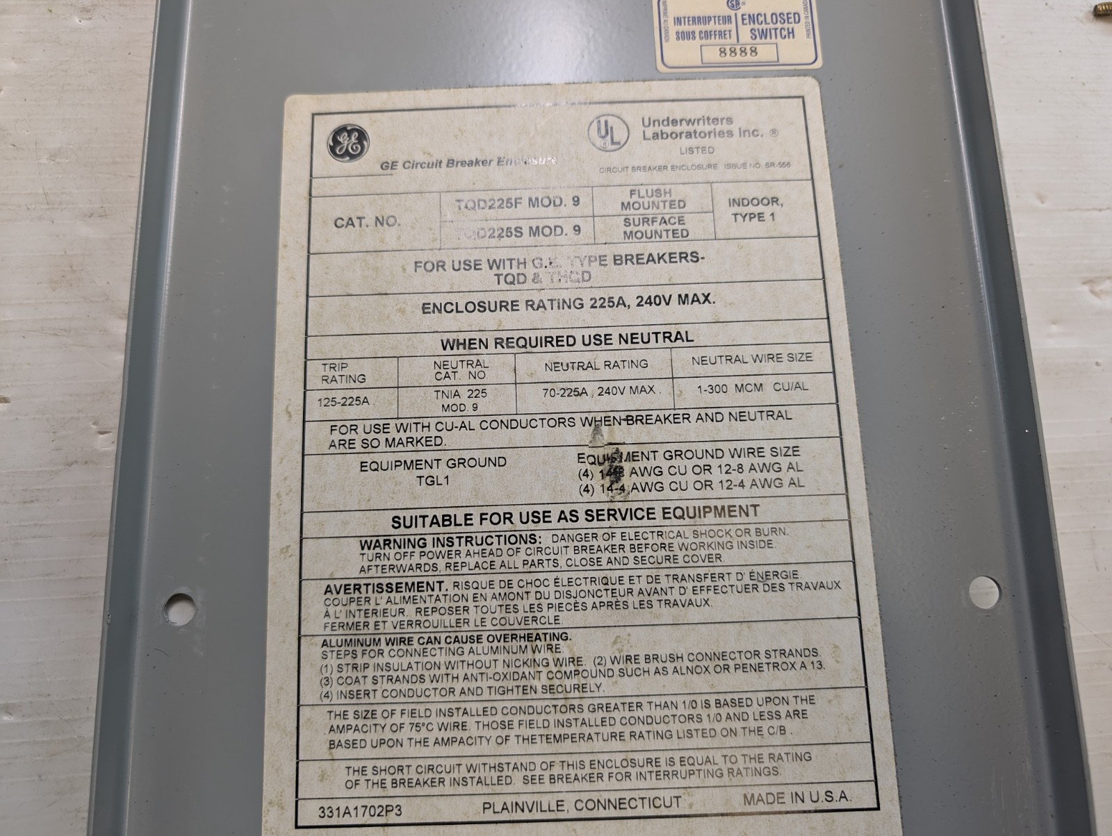 GE TQD225S / TQD225F Blank Enclosure for TQD Breaker 225A 240V