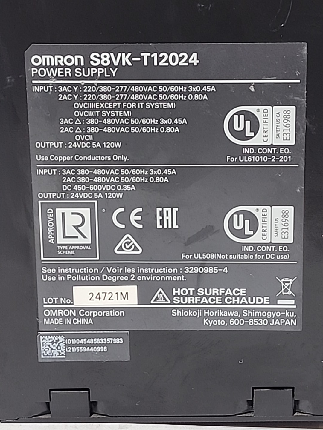 Omron S8VK-T12024 DIN Rail Power Supply 3-Phase 24VDC 5A 120W Switch Mode