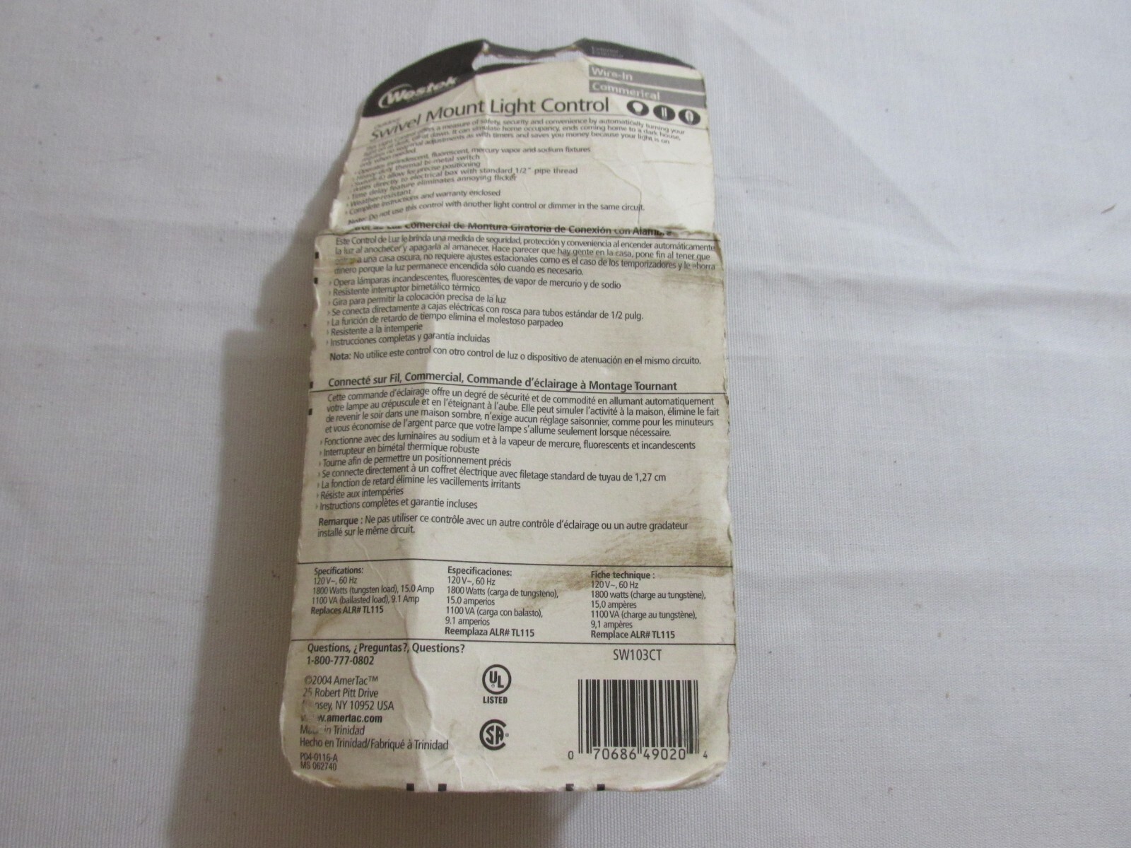 WESTEK VINTAGE NEW SEALED PHOTOELECTRIC SWITCH SW103CT OUTDOOR LIGHT CONTROL