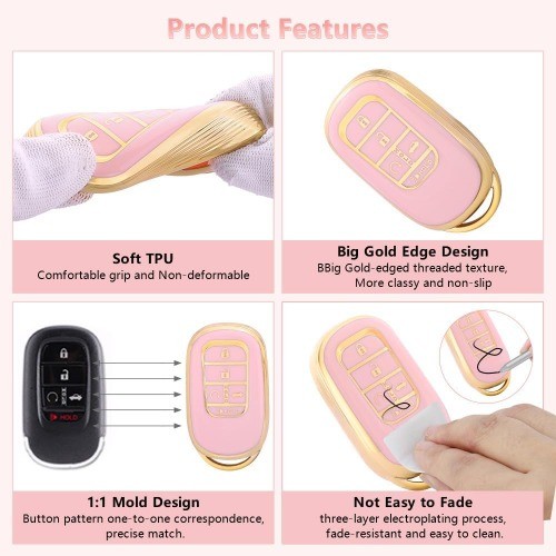 Pink Gold Girly Key Fob Cover Case for 2024-2023 Honda CR-V HRV Civic Accord Pil