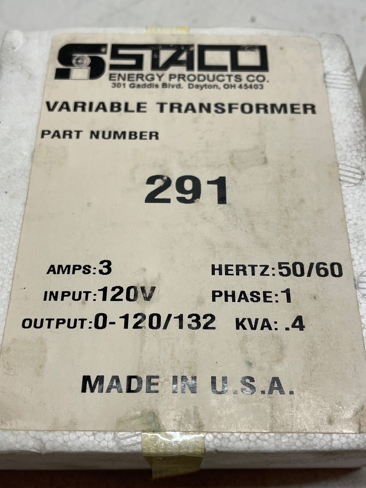 Staco 291 Variable Transformer 3A In: 120V Out: 0-120/132V