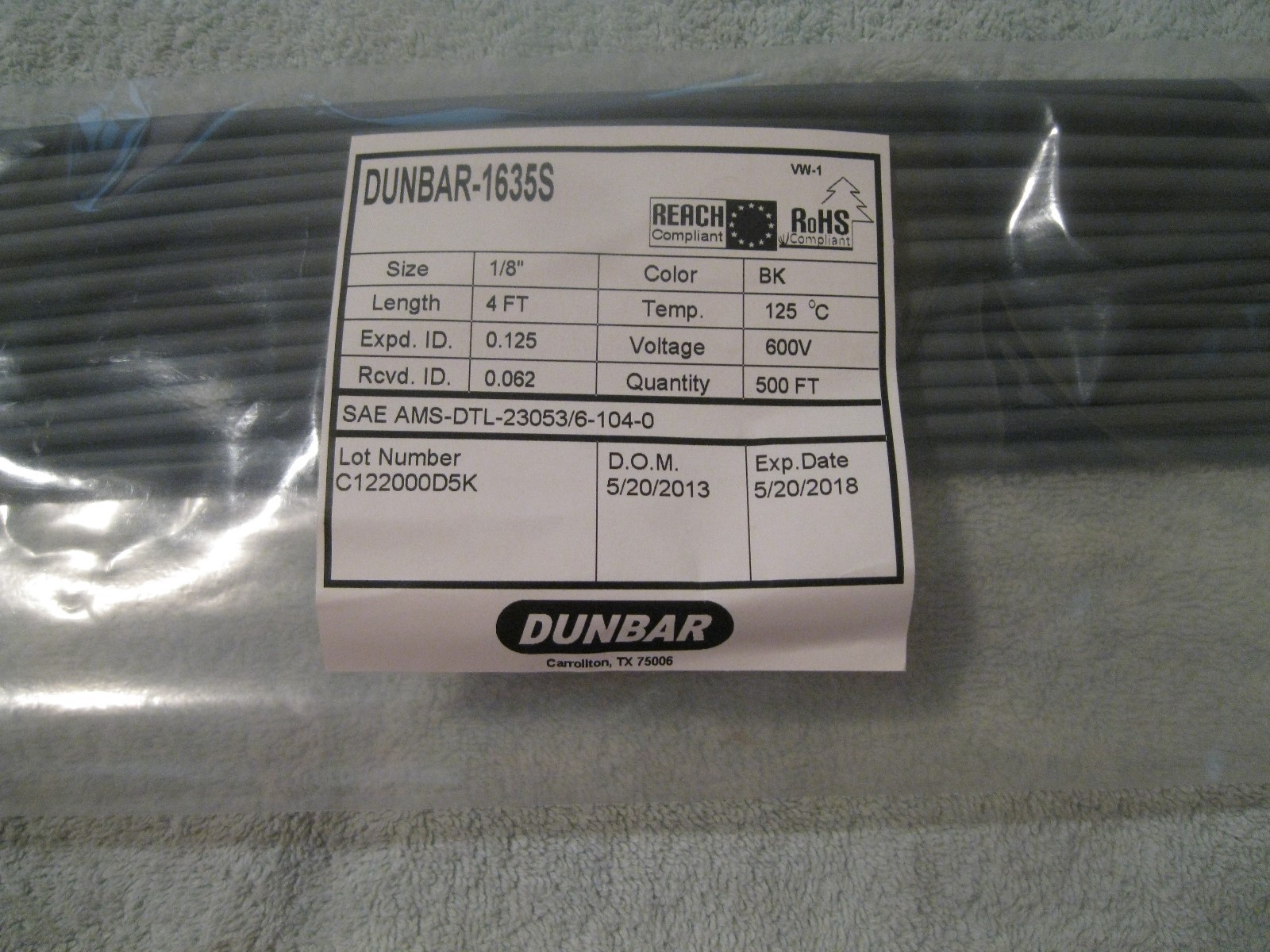 Dunbar – 1/8 Black Heat Shrink Tubing 4 ft. – NEW
